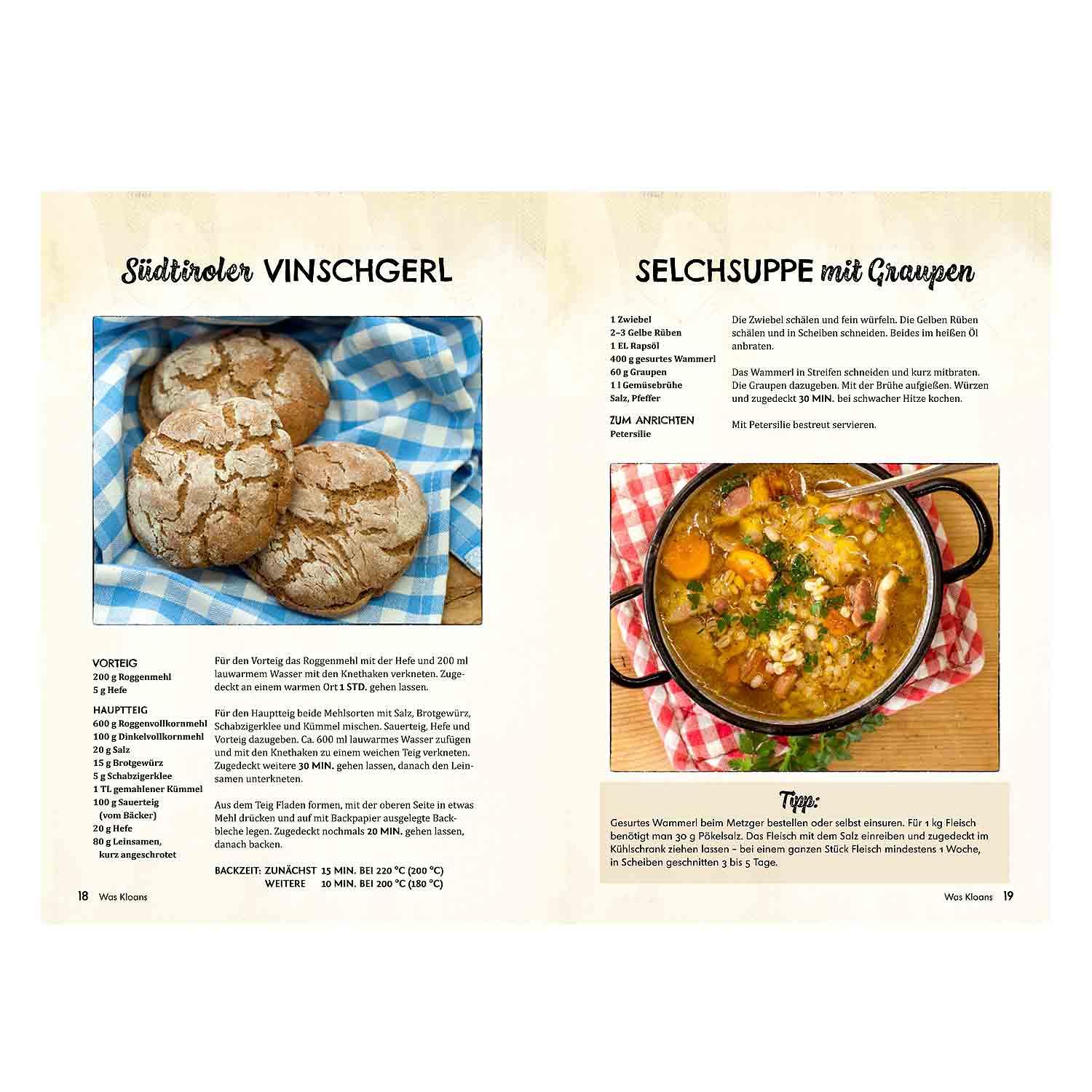 Rezeptseite Hüttenküche für Dahoam mit Text für Südtiroler Vinschgerl und Selchsuppe mit Graupen.