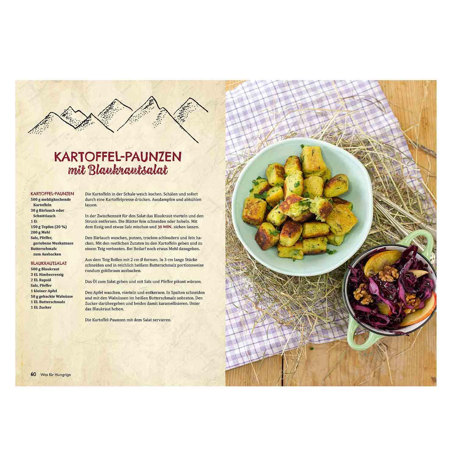 Rezeptbild Hüttenküche für Dahoam mit goldbraunen Kartoffel-Paunzen und Blaukrautsalat mit Apfel und Walnüssen.