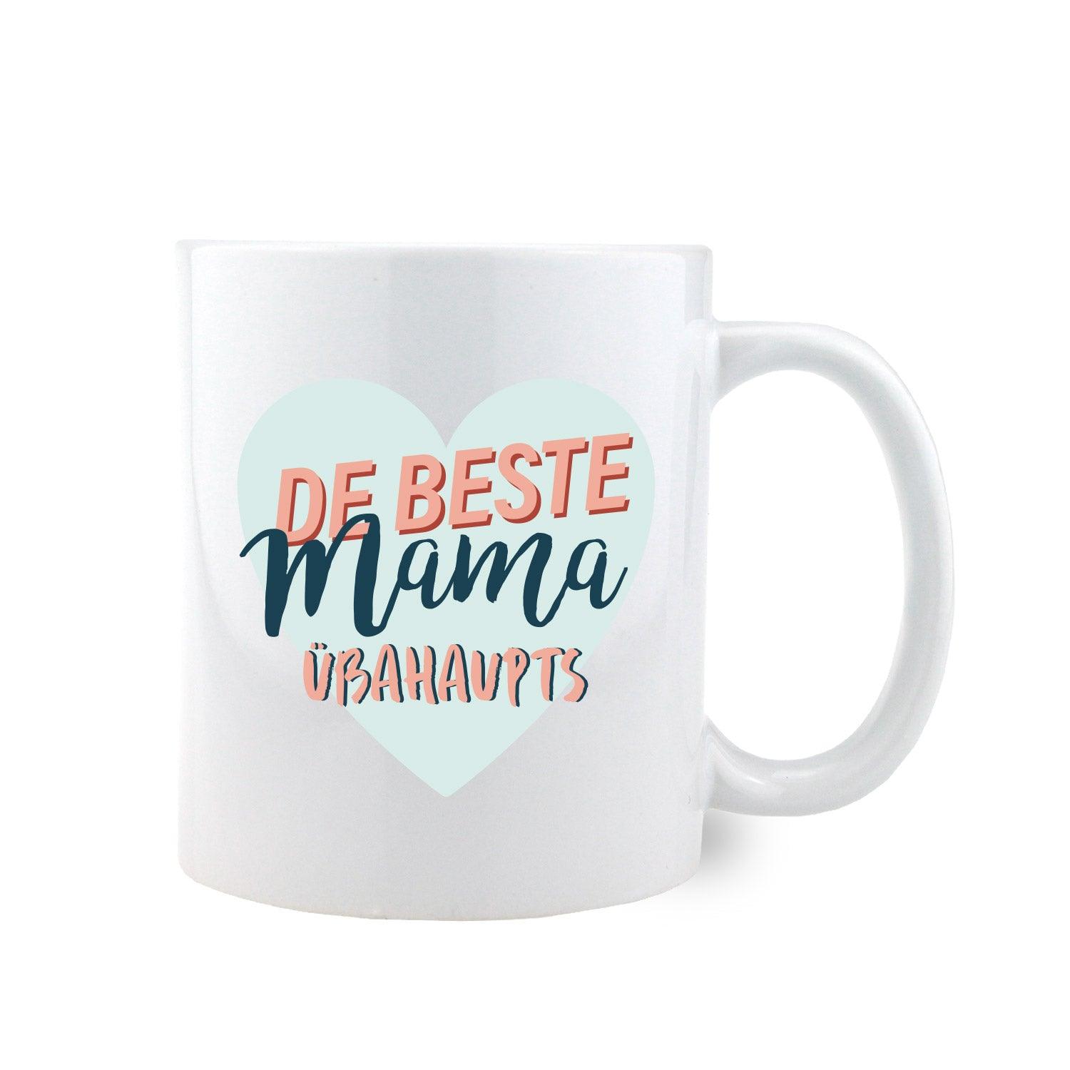 Weißer Kaffee-Haferl "Beste Mama" mit hellblauem Herz und rosafarbener Schrift für die beste Mama der Welt.