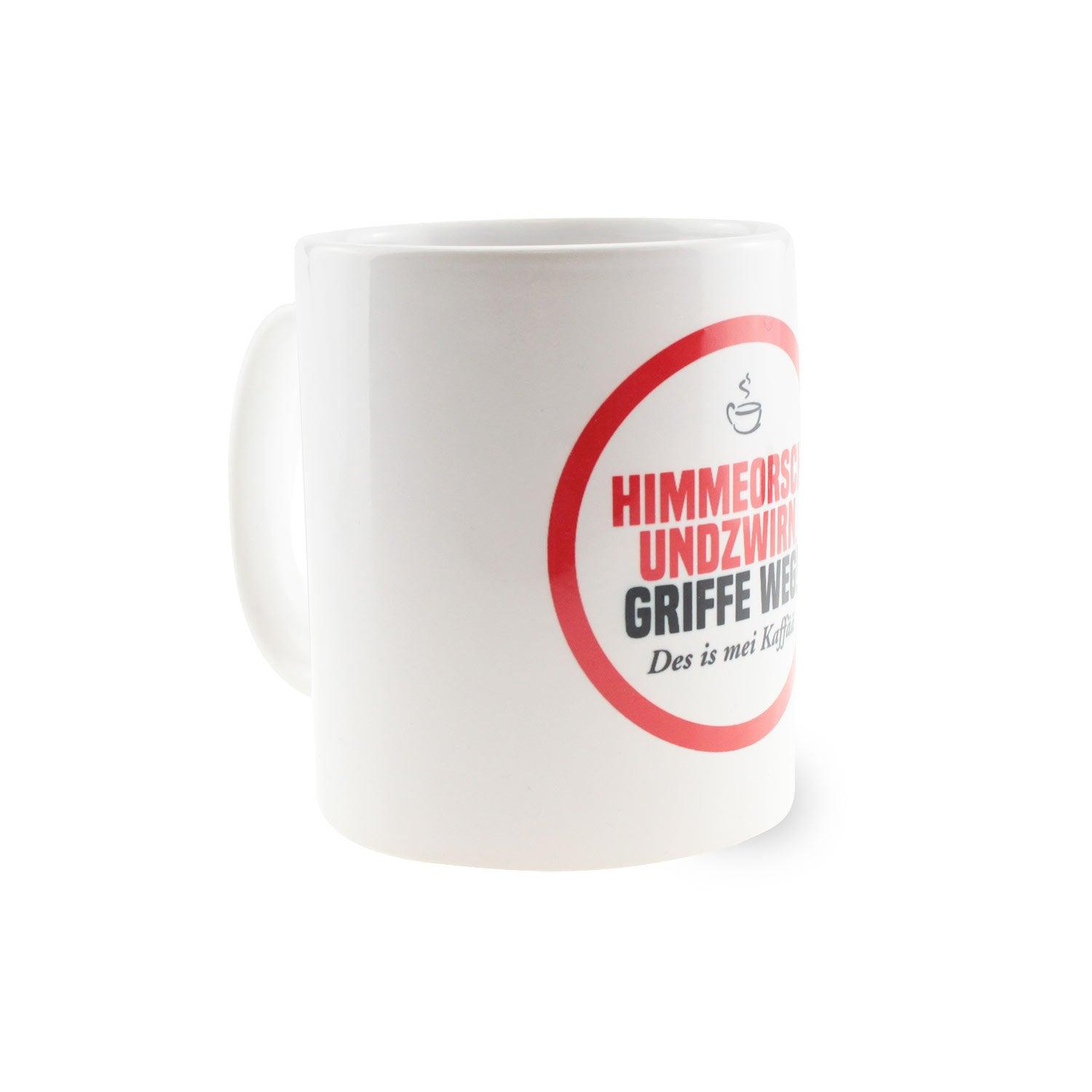 Kaffee-Haferl "Himmeorschundzwirn" weiß mit rotem Aufdruck und bayerischem Spruch.