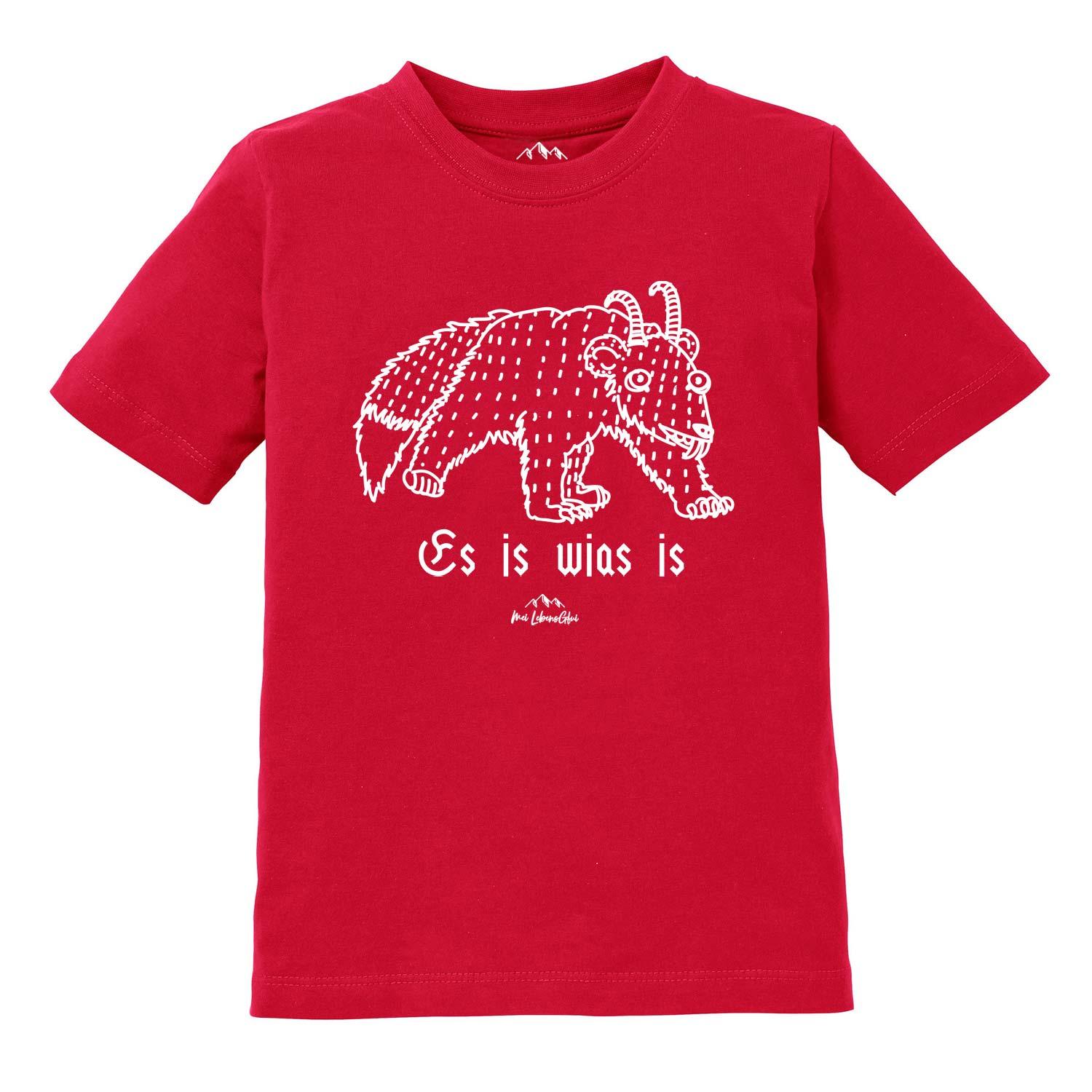 Rotes Kinder T-Shirt Wolpertinger "Es is wias is" mit weißem bayerischem Fabeltier Aufdruck, kurzärmlig.
