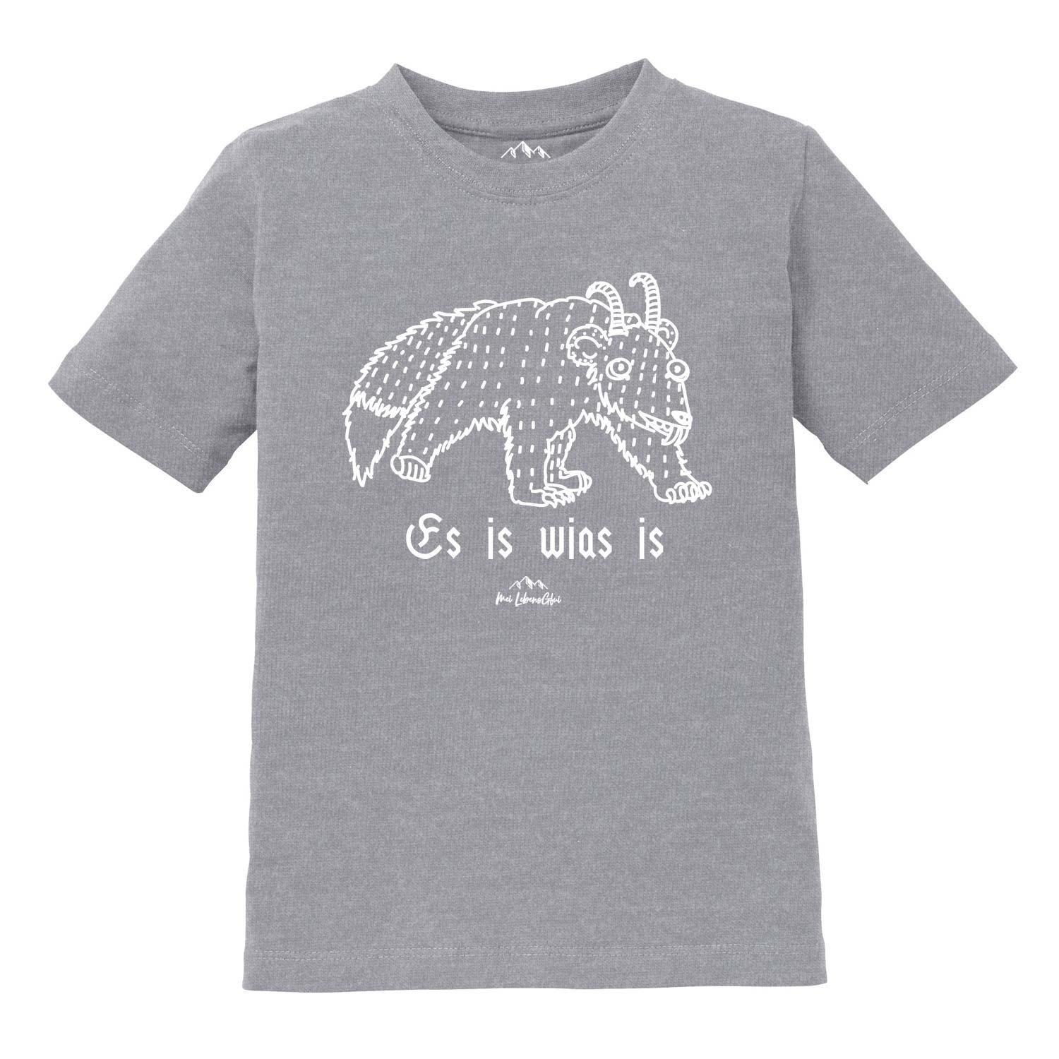 Graues Kinder T-Shirt Wolpertinger "Es is wias is" mit weißem bayerischen Fabelwesen-Print.