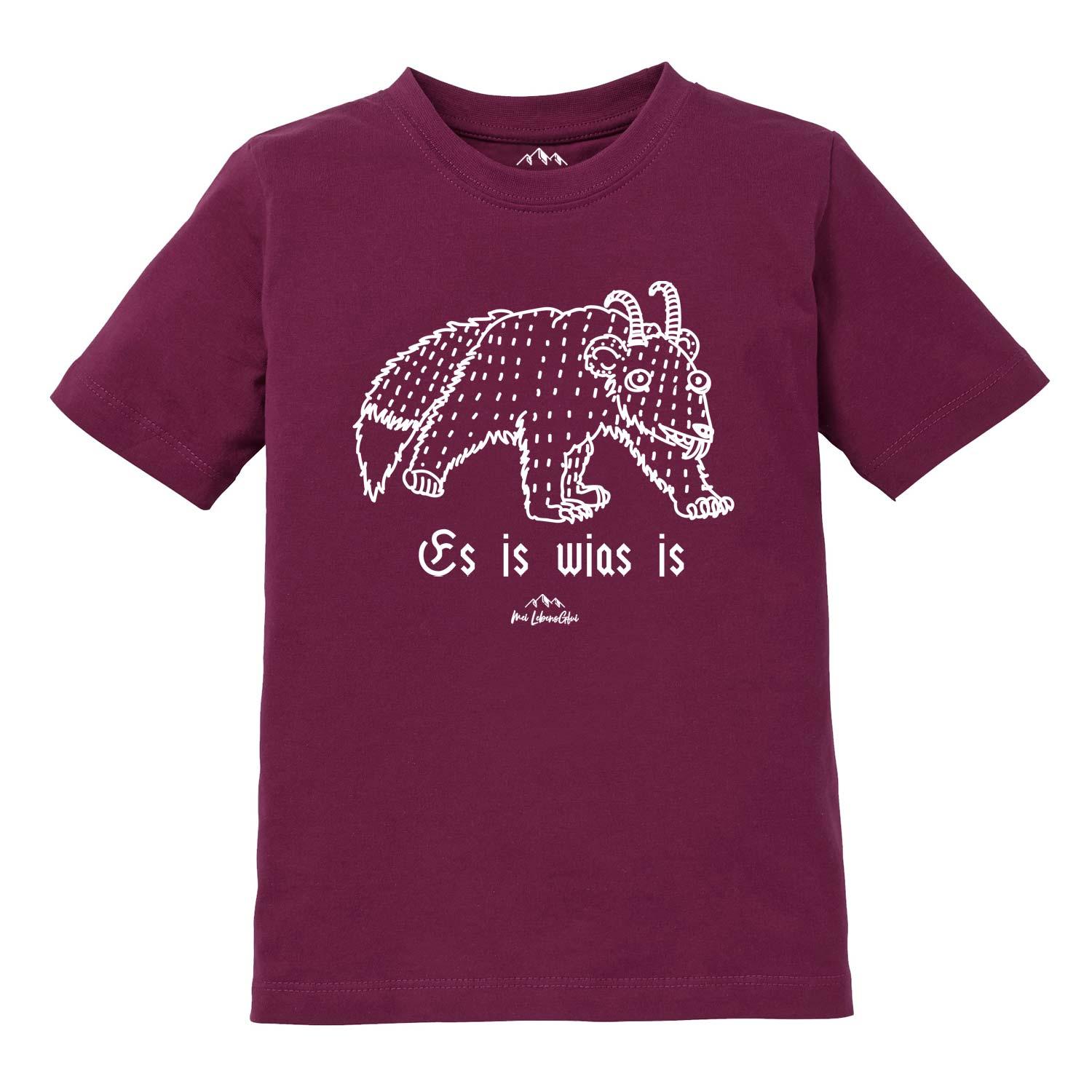 Kinder T-Shirt Wolpertinger Es is wias is in Burgunderrot mit weißem Fantasiewesen Aufdruck.