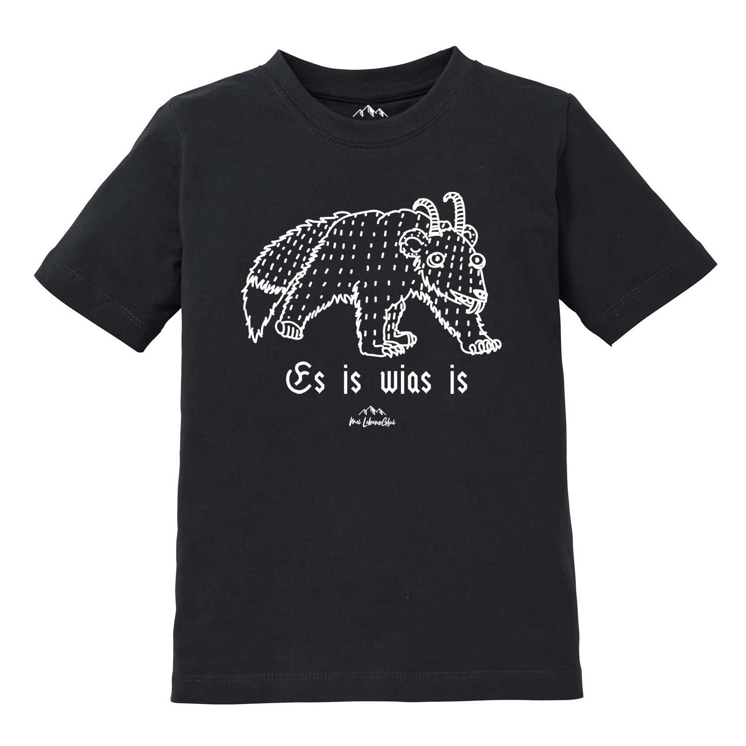 Schwarzes Kinder T-Shirt Wolpertinger "Es is wias is" mit weißer fantasievoller Kreatur und bayerischem Spruch.
