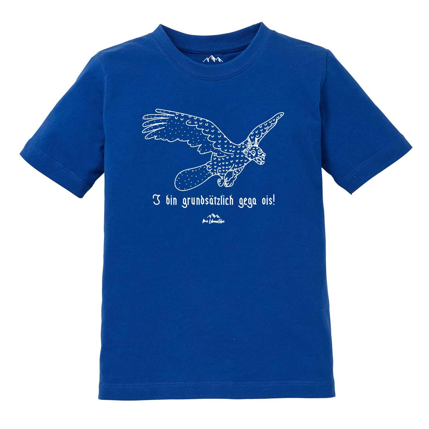 Blaues Kinder T-Shirt Wolpertinger "Gega ois" mit weißem Fabelwesen-Druck auf der Brust