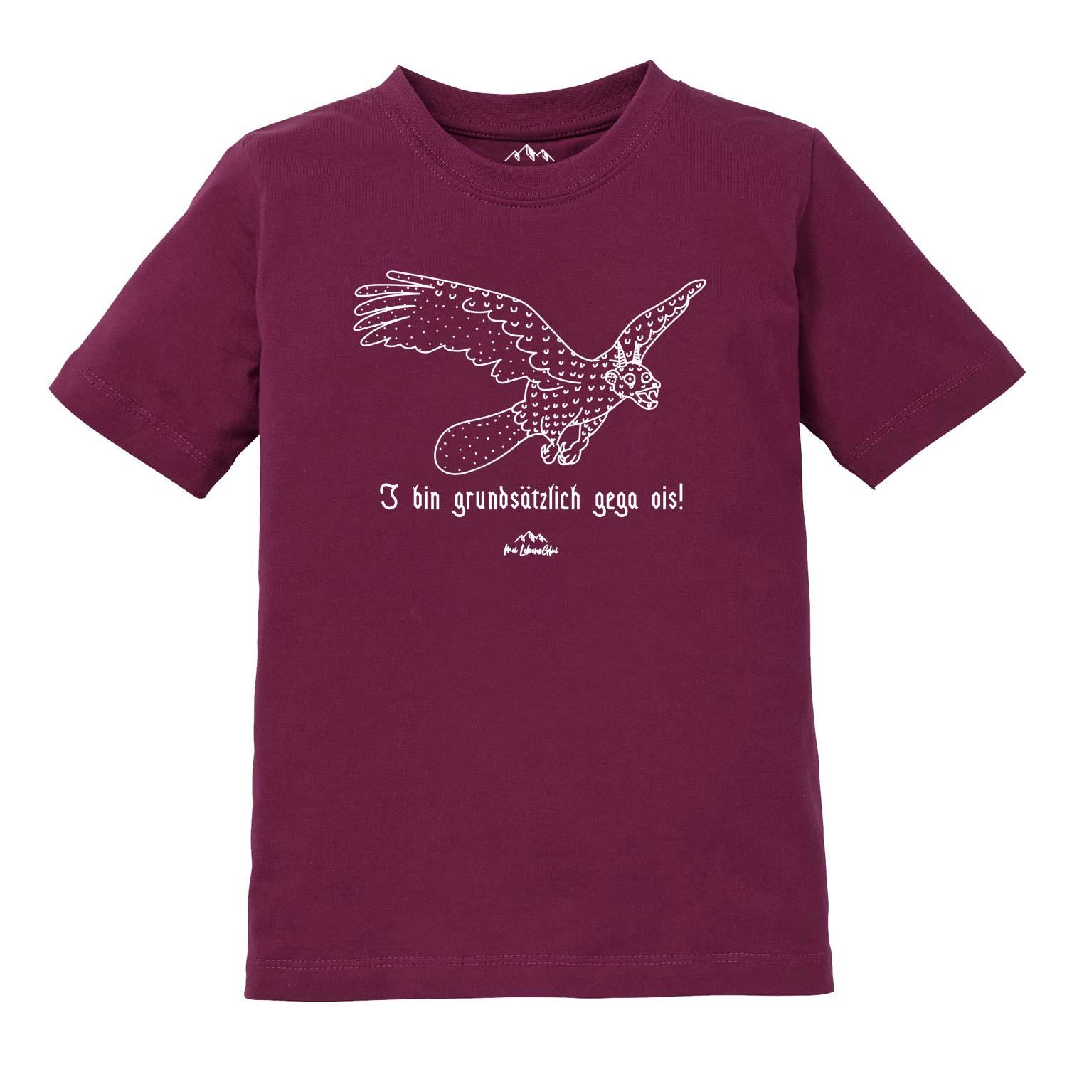 Kinder T-Shirt Wolpertinger Gega ois in Weinrot mit weißem Wolpertinger-Print und Spruch.