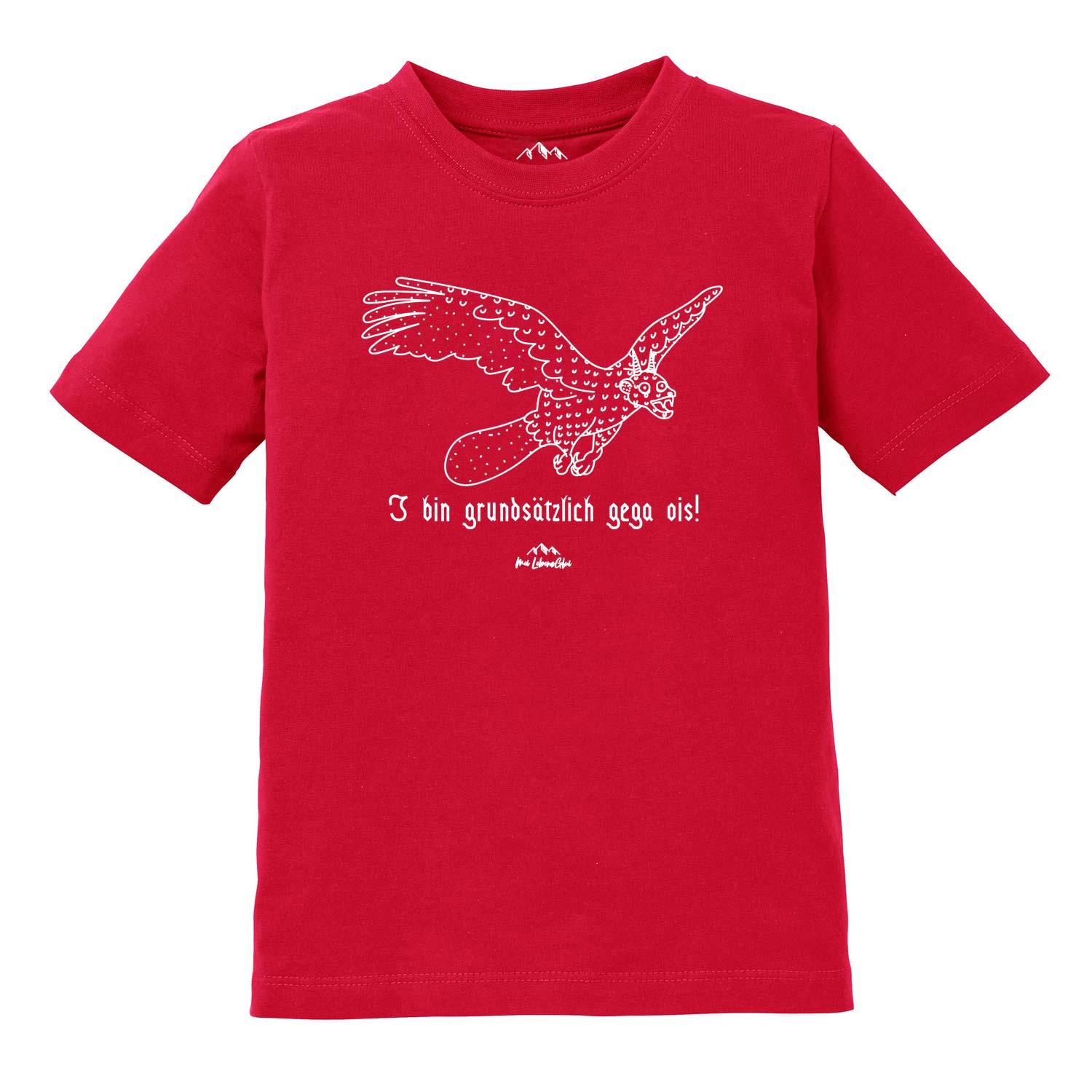 Rotes Kinder T-Shirt Wolpertinger "Gega ois" mit weißem Fabeltier-Print und lustigem Spruch.