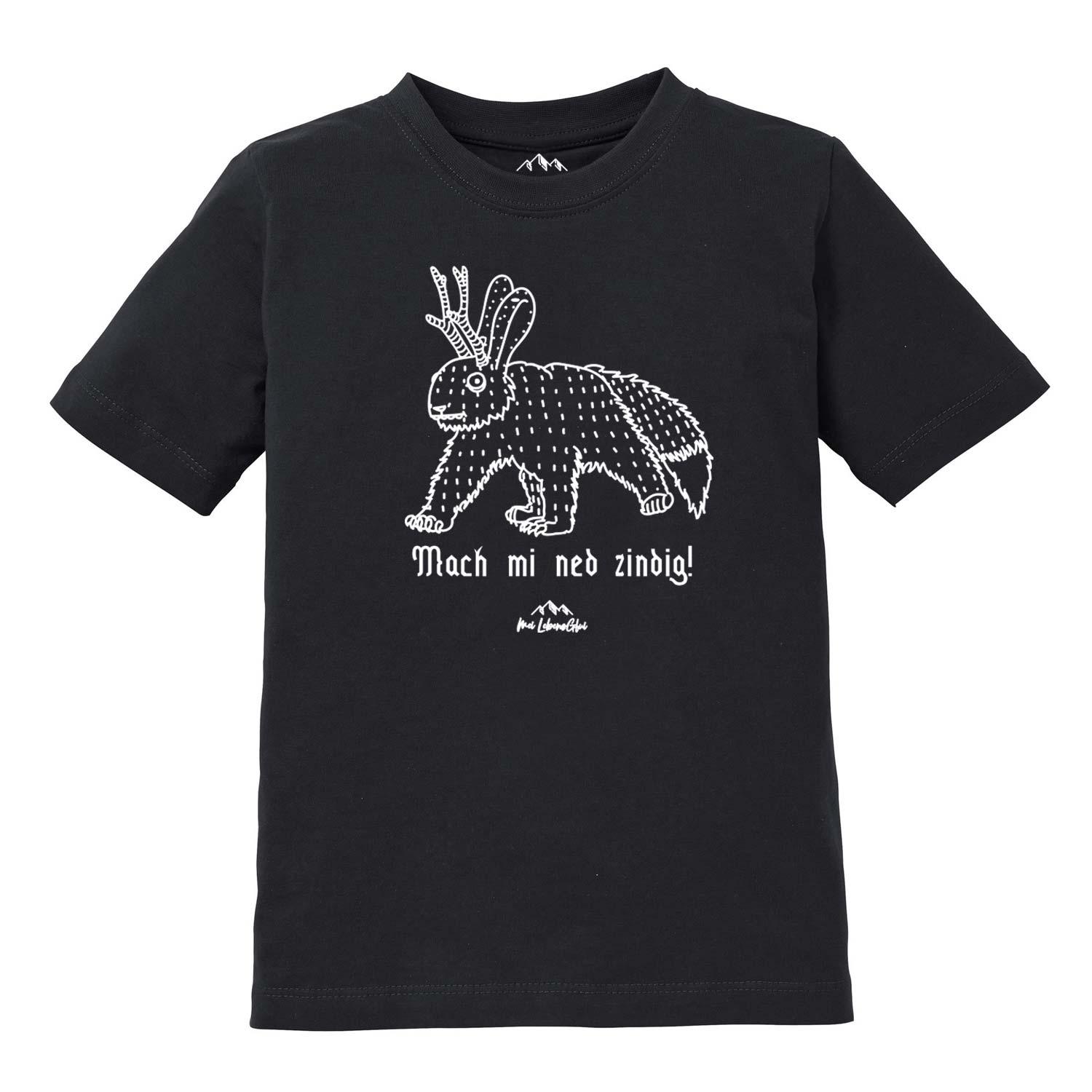 Schwarzes Kinder T-Shirt Wolpertinger "Mach mi ned zindig" mit weißem Fabelwesen-Druck, kurzer Ärmel