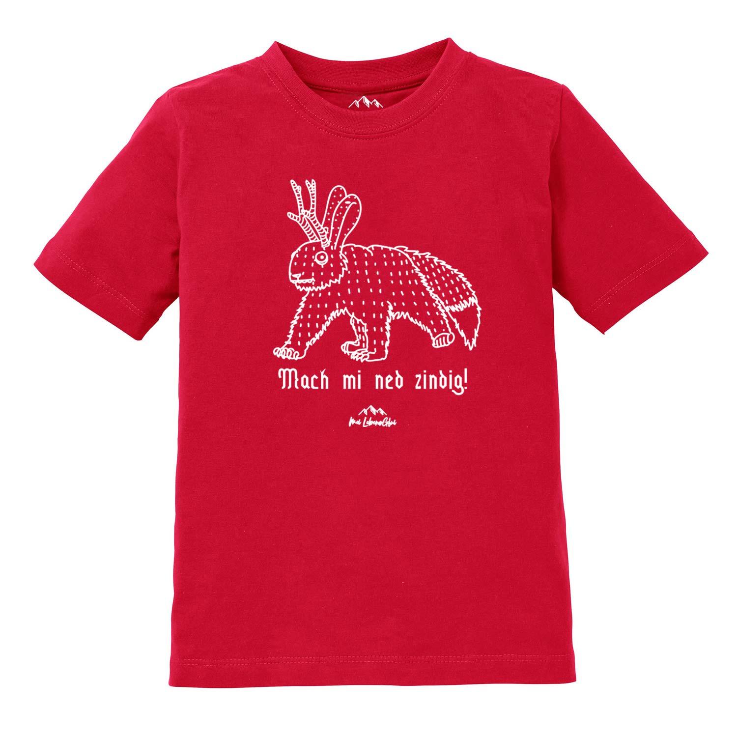 Rotes Kinder T-Shirt Wolpertinger "Mach mi ned zindig" mit weißem Fabelwesen-Druck.