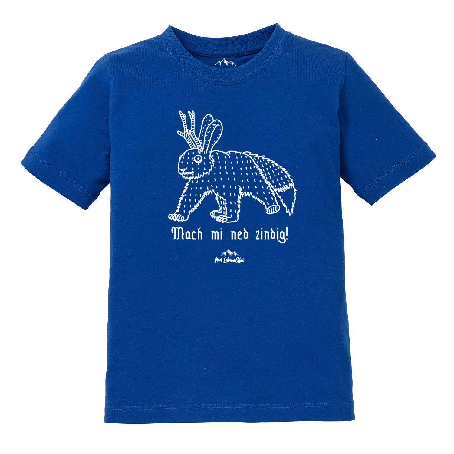 Wolpertinger Kinder T-Shirt Mach mi ned zindig in Blau mit weißem Fabelwesen Aufdruck und bayerischem Spruch.