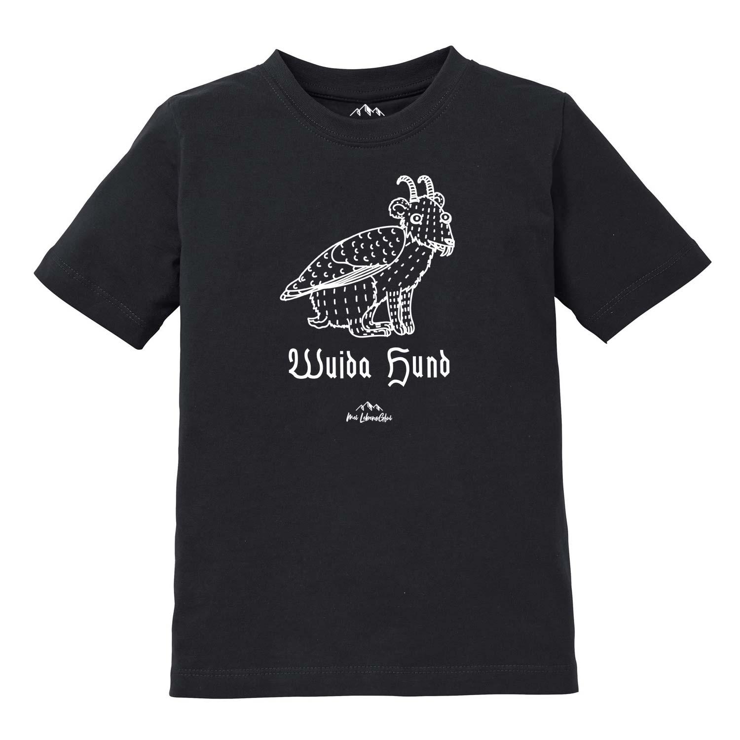 Schwarzes Kinder T-Shirt Wolpertinger Wuida Hund mit detailreicher, weißer Fabelwesen-Illustration und Schriftzug.