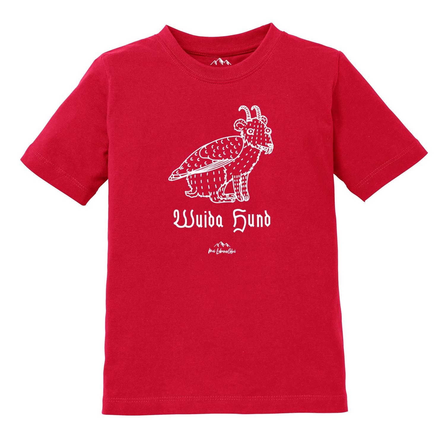Rotes Kinder T-Shirt Wolpertinger Wuida Hund mit detailreicher weißer Grafik eines Fabelwesens und Schriftzug.