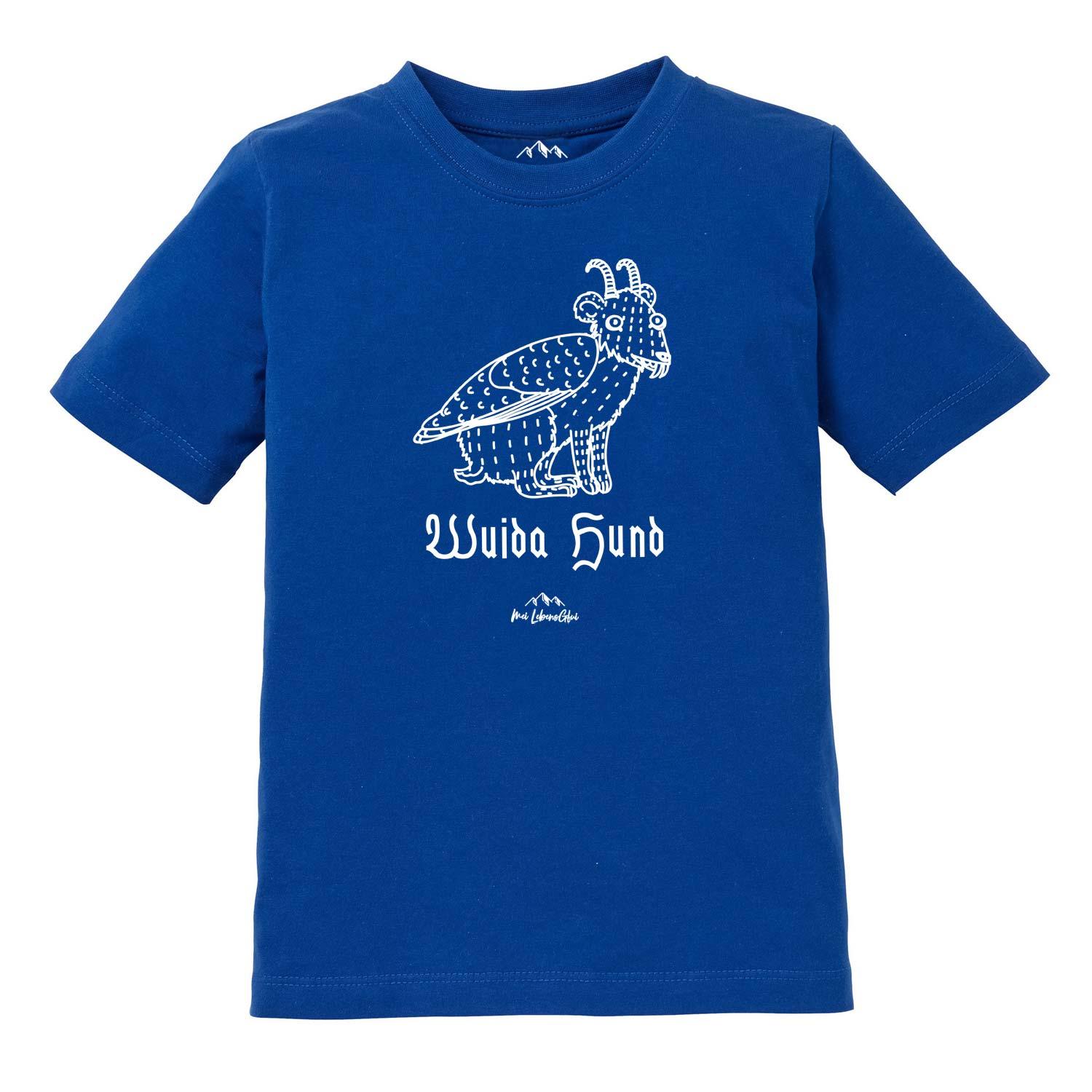 Blaues Kinder T-Shirt Wolpertinger Wuida Hund mit weißem Fabelwesen-Druck auf der Vorderseite