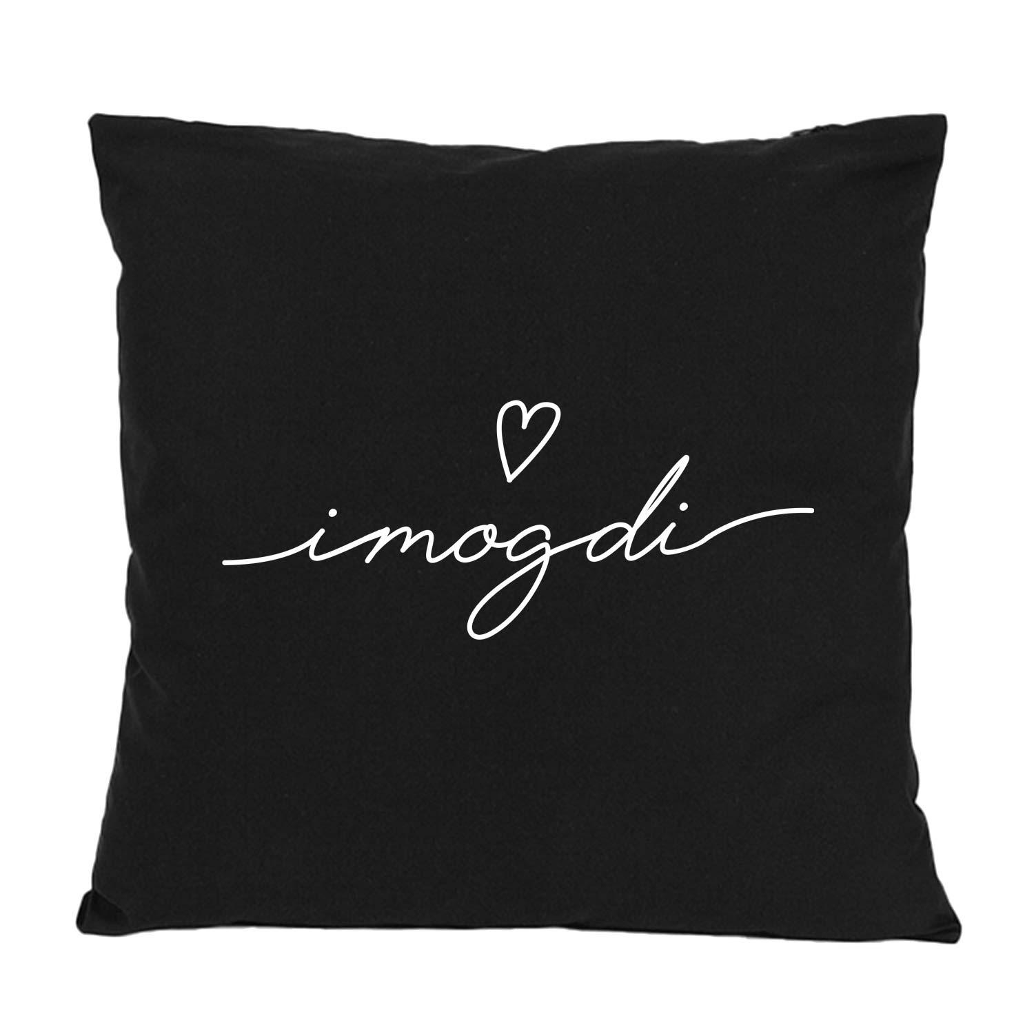 Schwarzes Kissen "I mog di" mit weißer, geschwungener Schrift und Herzsymbol für Wohnzimmer.