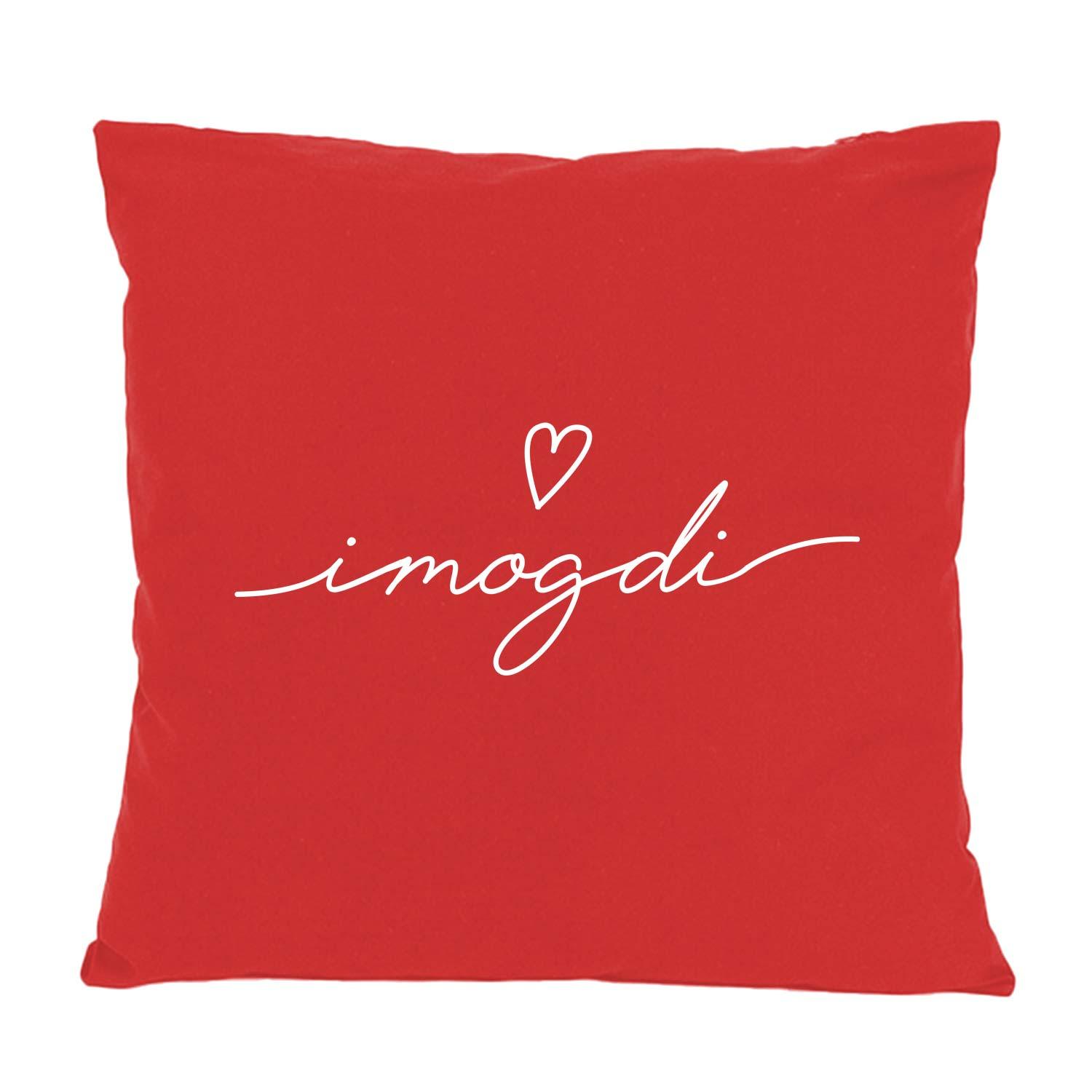 Rotes Kissen "I mog di" mit weißer geschwungener Aufschrift und kleinem Herzmotiv, Dekokissen Geschenkidee.