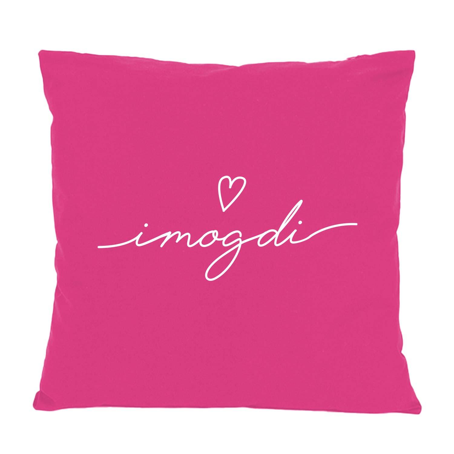 Fuchsia-farbenes Kissen "I mog di" mit weißem Schriftzug und kleinem Herzmotiv, weiche Wohnzimmerdekoration