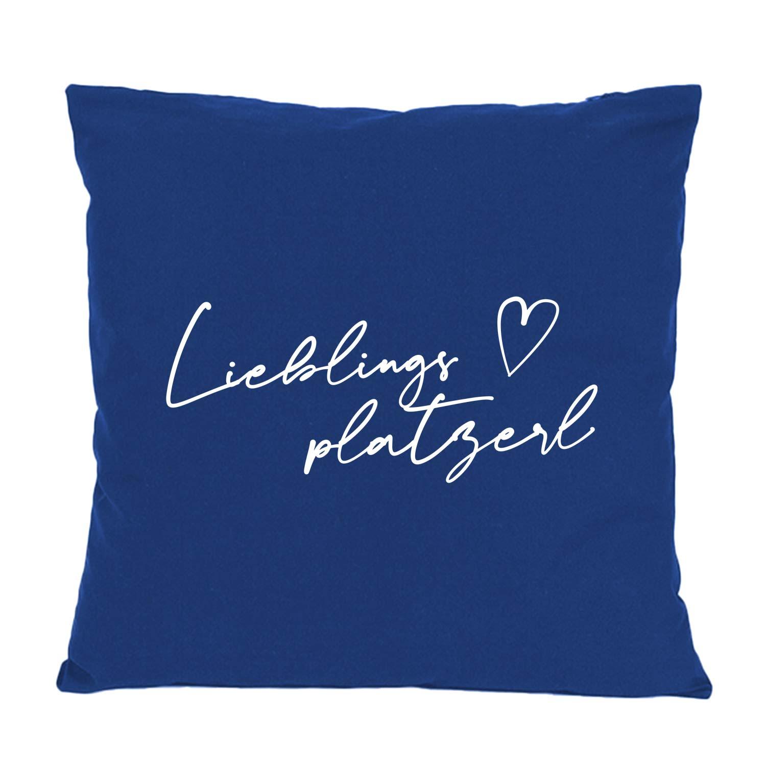 Dunkelblaues Kissen Lieblingsplatzerl mit weißer Schrift und kleinem Herz, modernes Design für Sofa oder Bett.