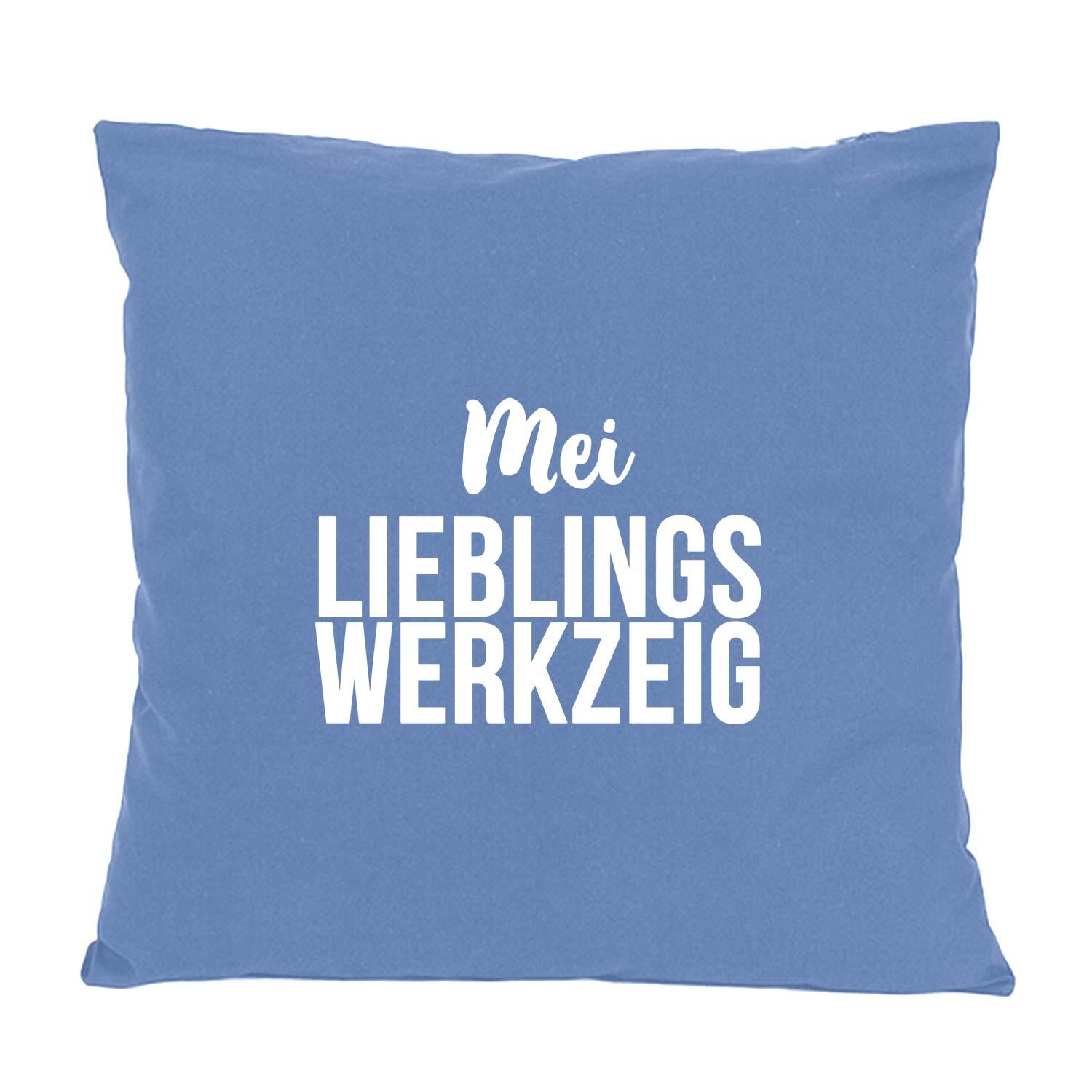 Blaues Kissen "Mei Lieblingswerkzeig" mit weißem Schriftzug, Dekokissen für Wohnzimmer oder Schlafzimmer.