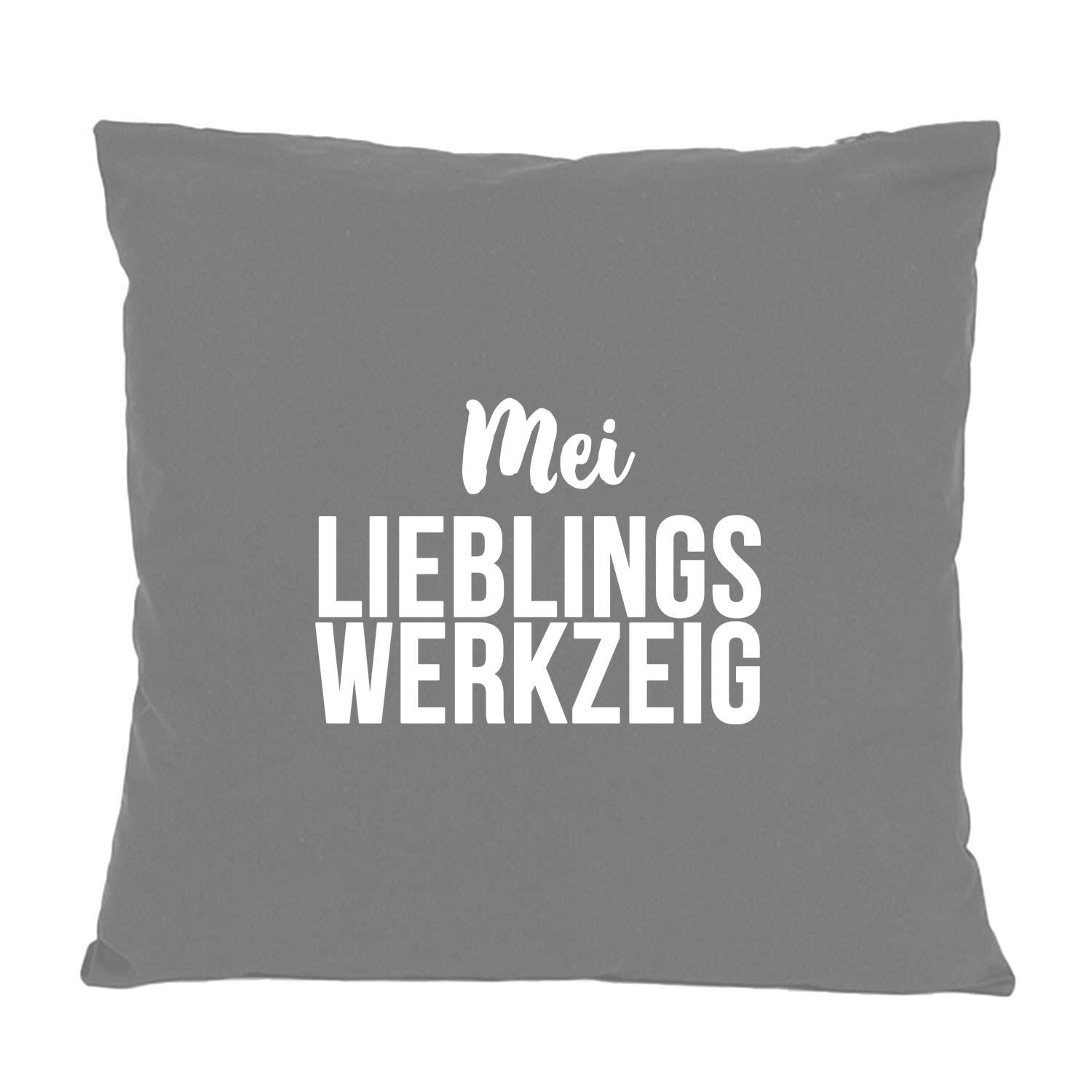 Graues Kissen Mei Lieblingswerkzeig mit weißer Schrift, dekoratives Sofa-Kissen mit Spruch.