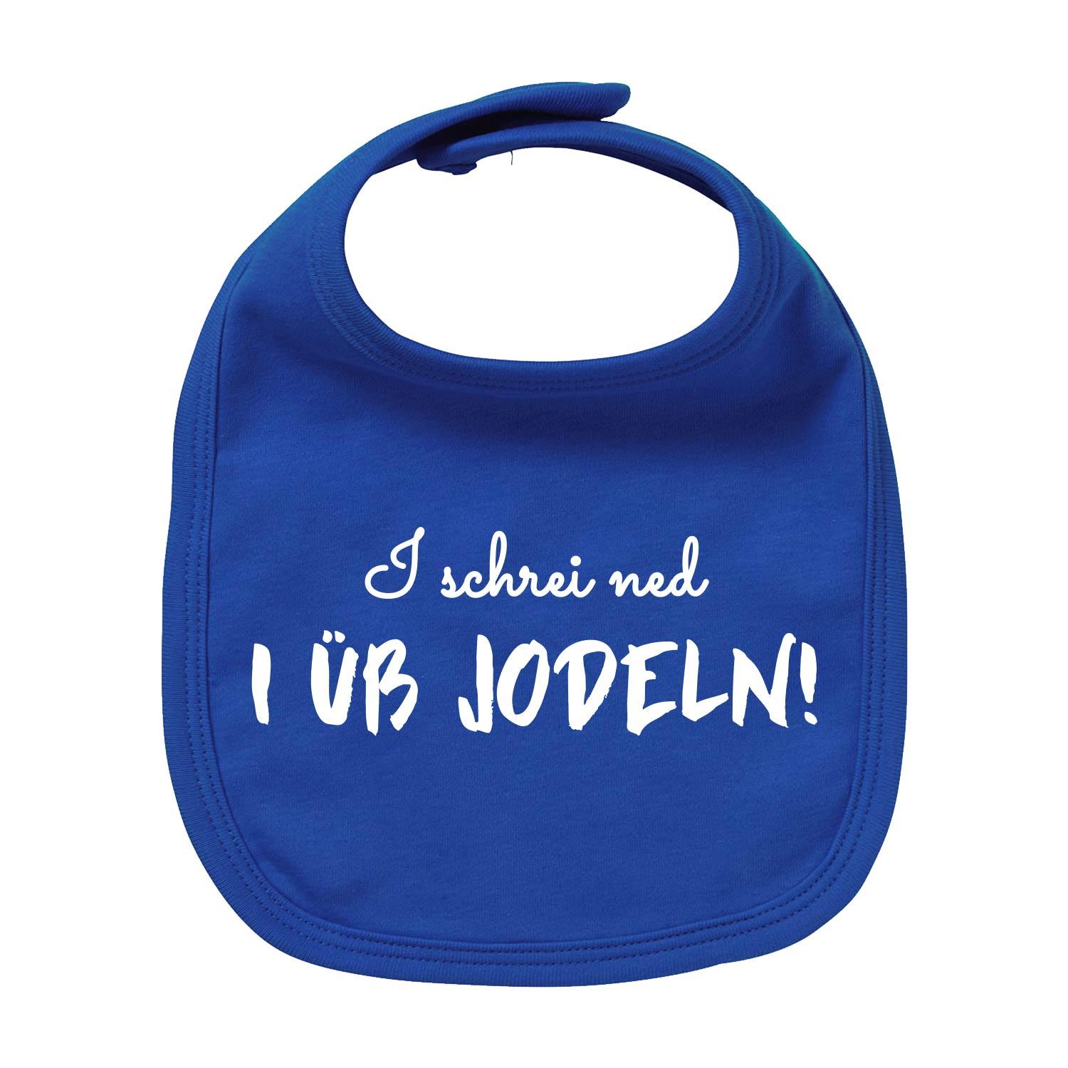 Blaues Baby-Lätzchen "I üb jodeln" mit weißem Schriftzug, weichem Baumwollstoff und Klettverschluss für Babys.