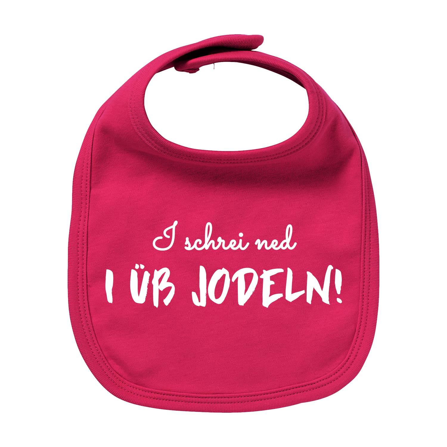 Pinkes Babylätzchen "I üb jodeln" mit weißem bayerischem Spruch für bayerische Babykleidung