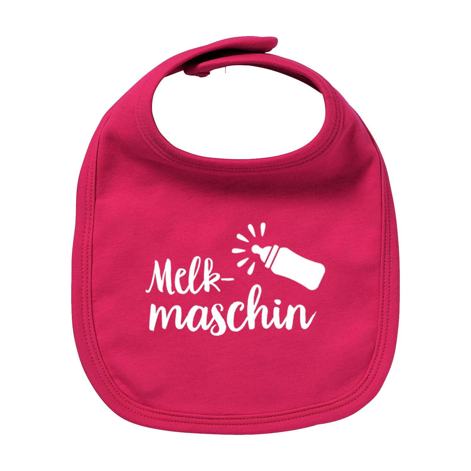 Pinkes Lätzchen Melkmaschin mit weißem Schriftzug und Babyflaschen-Motiv für Kleinkinder