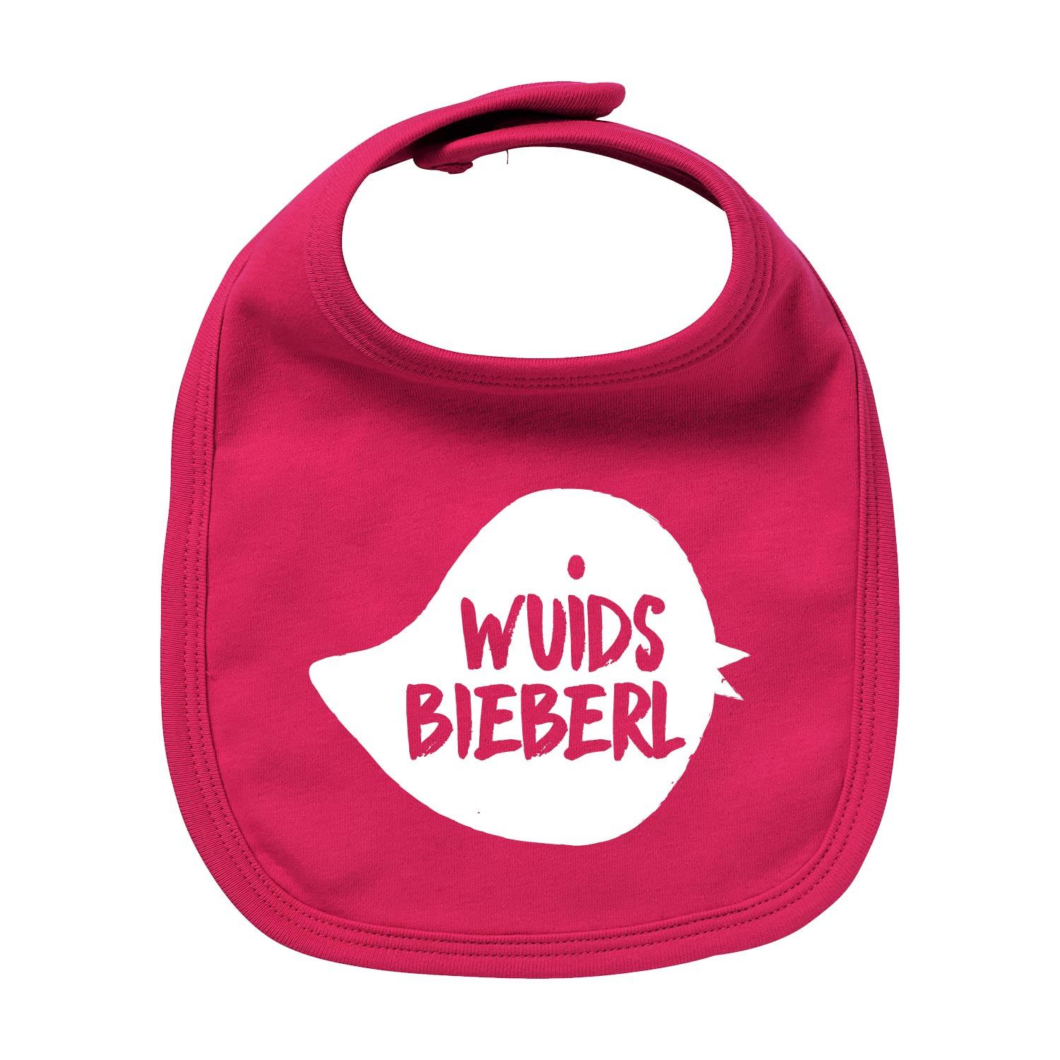 Pinkfarbenes Lätzchen "Wuids Bieberl" mit weißem, stilisiertem Bieber-Design und Klettverschluss für Babys.