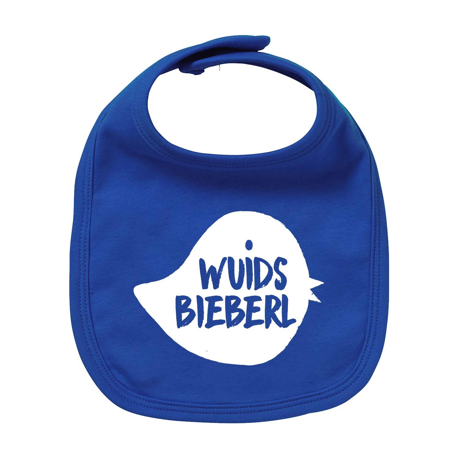 Dunkelblaues Baby-Lätzchen Wuids Bieberl mit weißem Sprechblasen-Druck für junge Wildfänge.