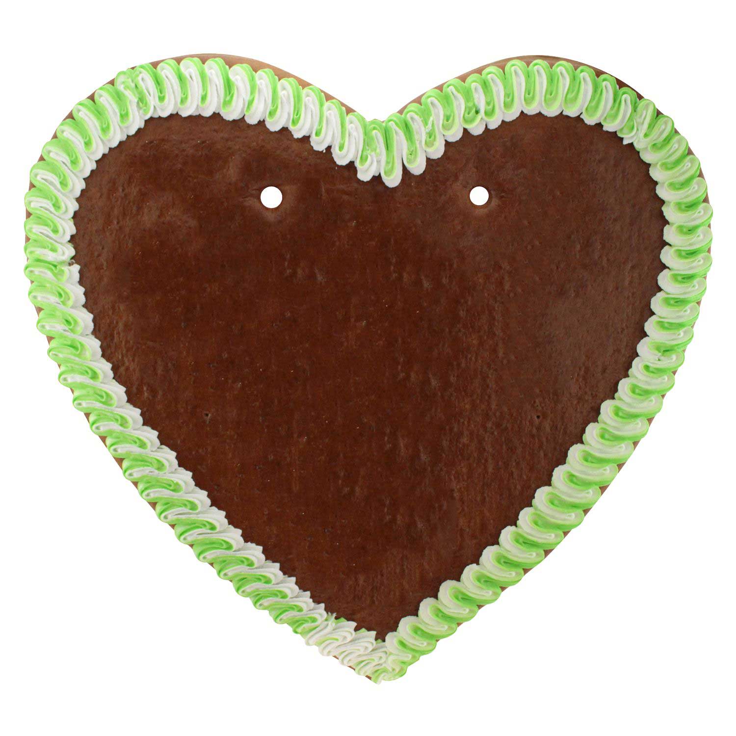 Braunes Lebkuchenherz mit grün-weiß gezuckertem Rand und zwei Löchern für individuellen Wunschtext.