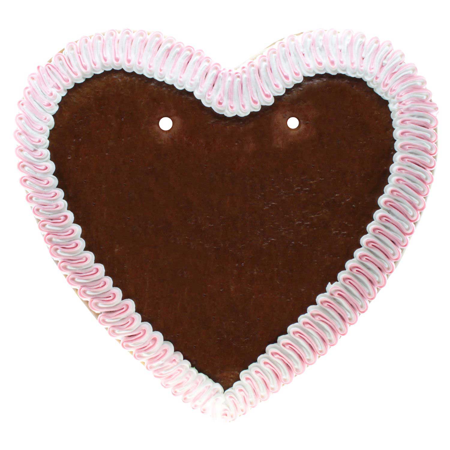 Braunes Lebkuchenherz mit weiß-rosa Zuckerguss-Rand und Platz für einen individuellen Wunschtext, ideal als Geschenk.