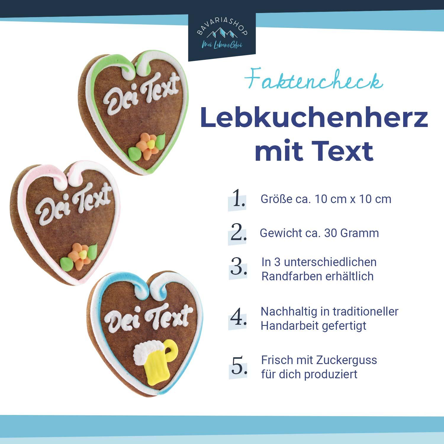 Drei verzierte Lebkuchenherzen mit individueller Textbotschaft, verschiedene Randfarben und Dekor-Motive.