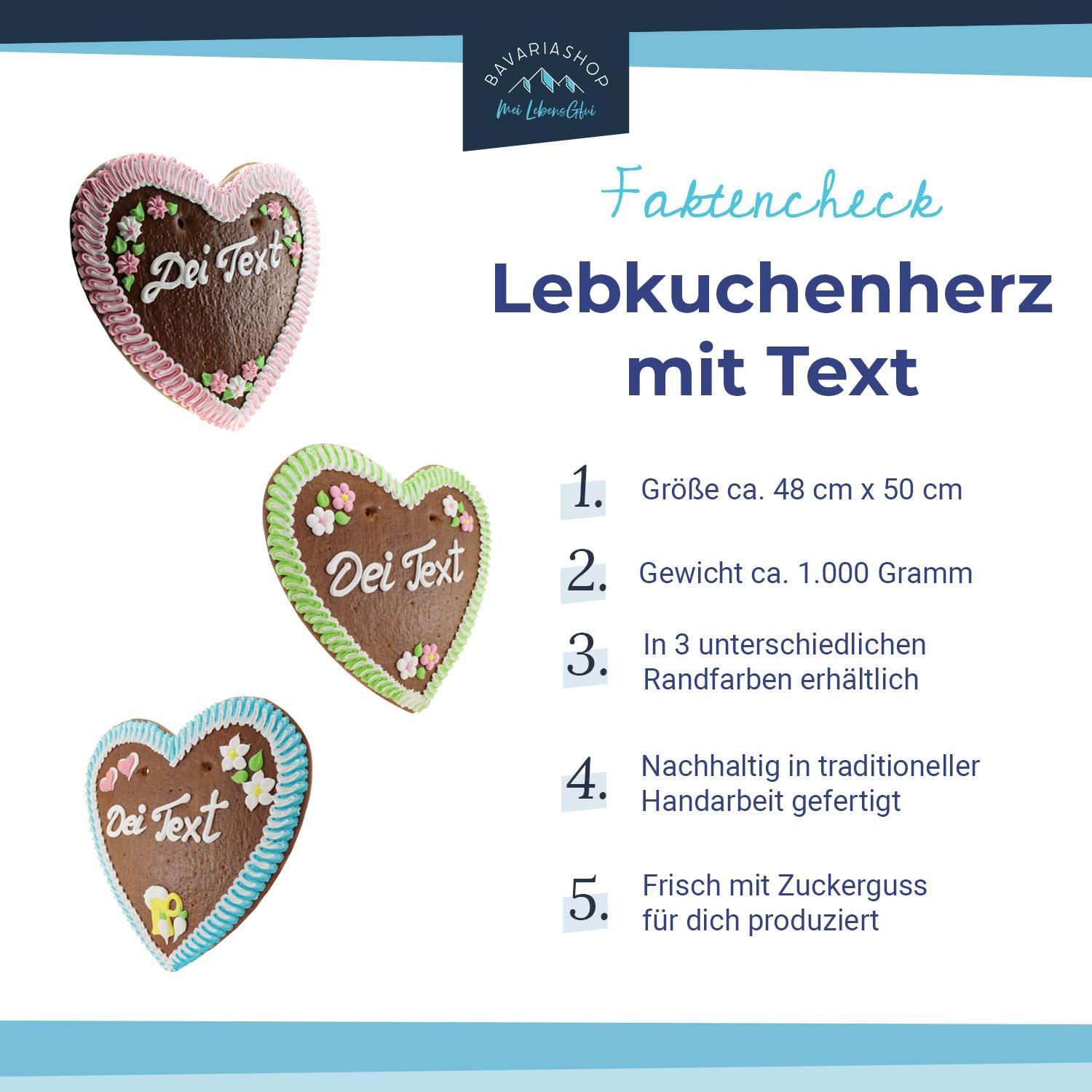 Drei handgemachte Lebkuchenherzen mit individuellen Sprüchen und Dekor in verschiedenen Farben. Ein Faktencheck liefert Details zu Größe, Gewicht und Handarbeit der traditionsreichen bayerischen Süßigkeiten.