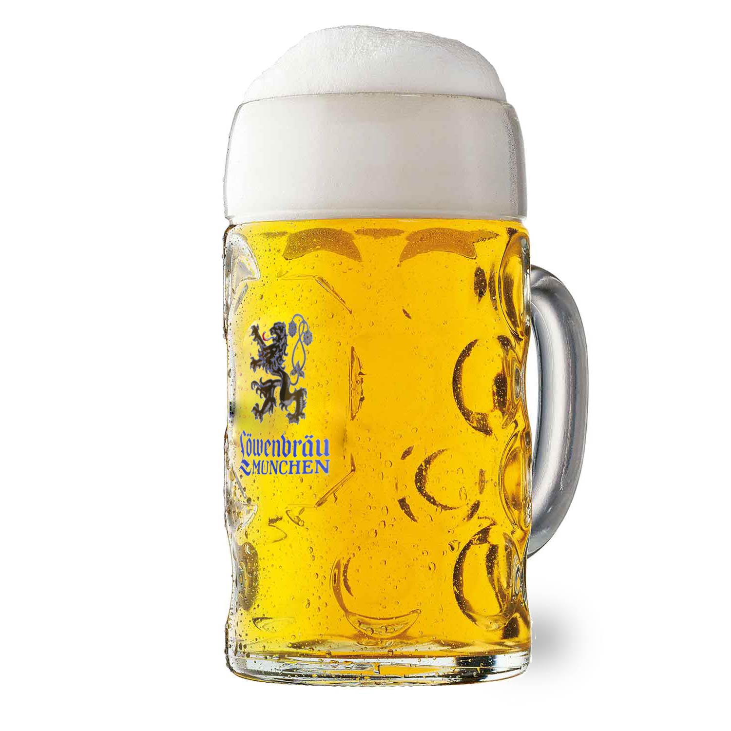 Löwenbräu Glas Maßkrug, gefüllt mit frischem Bier und Schaumkrone, Details des Logos und der Glasstruktur.
