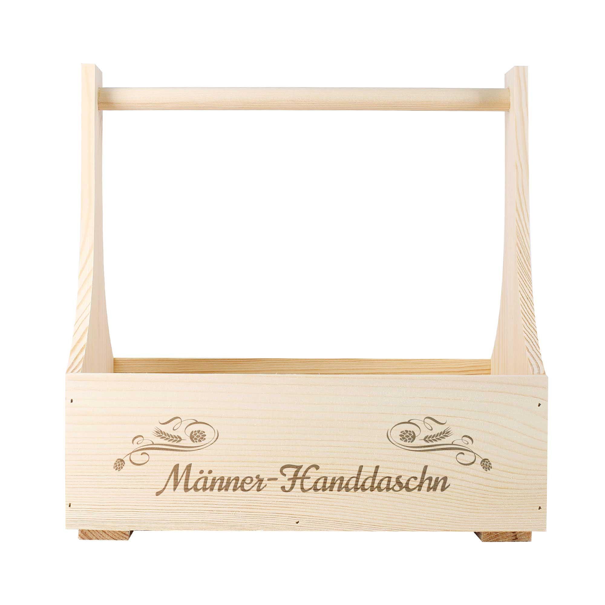 Helle Holz-Männerhandtasche mit Gravur und Verzierungen aus Hopfen und Getreide, ideal für Geschenkideen.