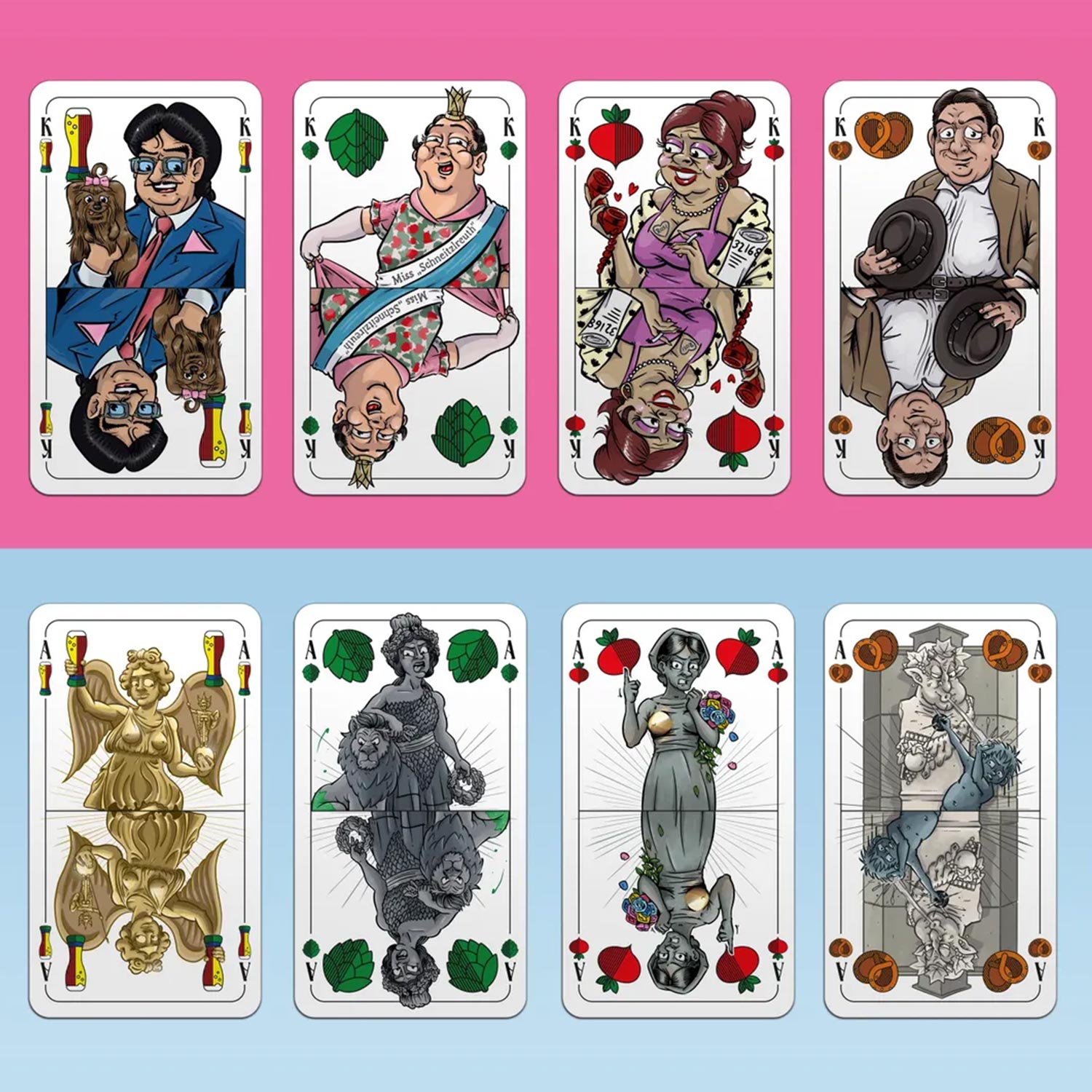 Sechs farbenfrohe Münchner Schafkopf Karten mit bayerischen Motiven und humorvollen Figuren in traditionellem Design.