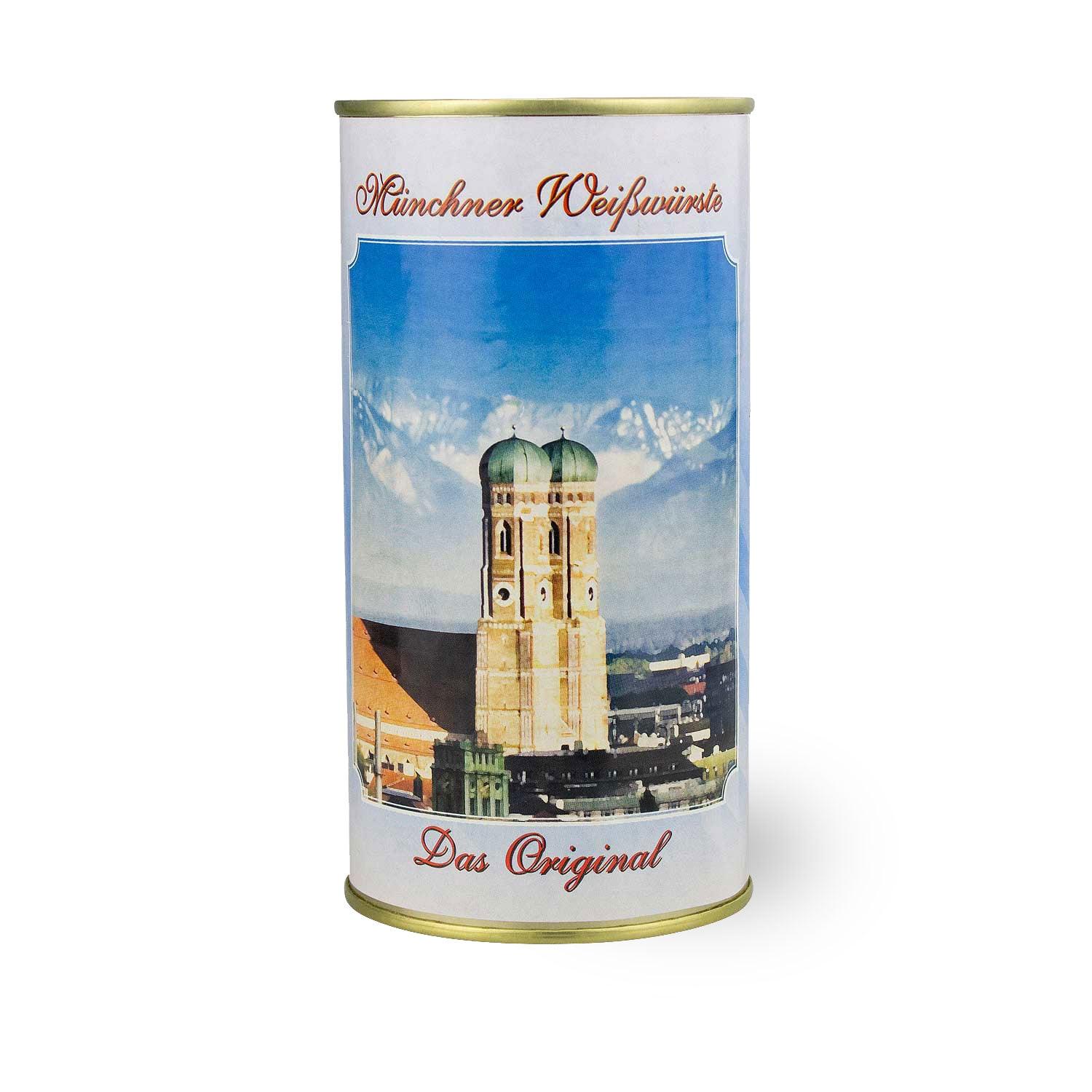 Oktoberfest-Box "Weißwurschtfrühstück": Weiße Dose mit Münchner Weißwürste Aufschrift und Frauenkirche-Motiv