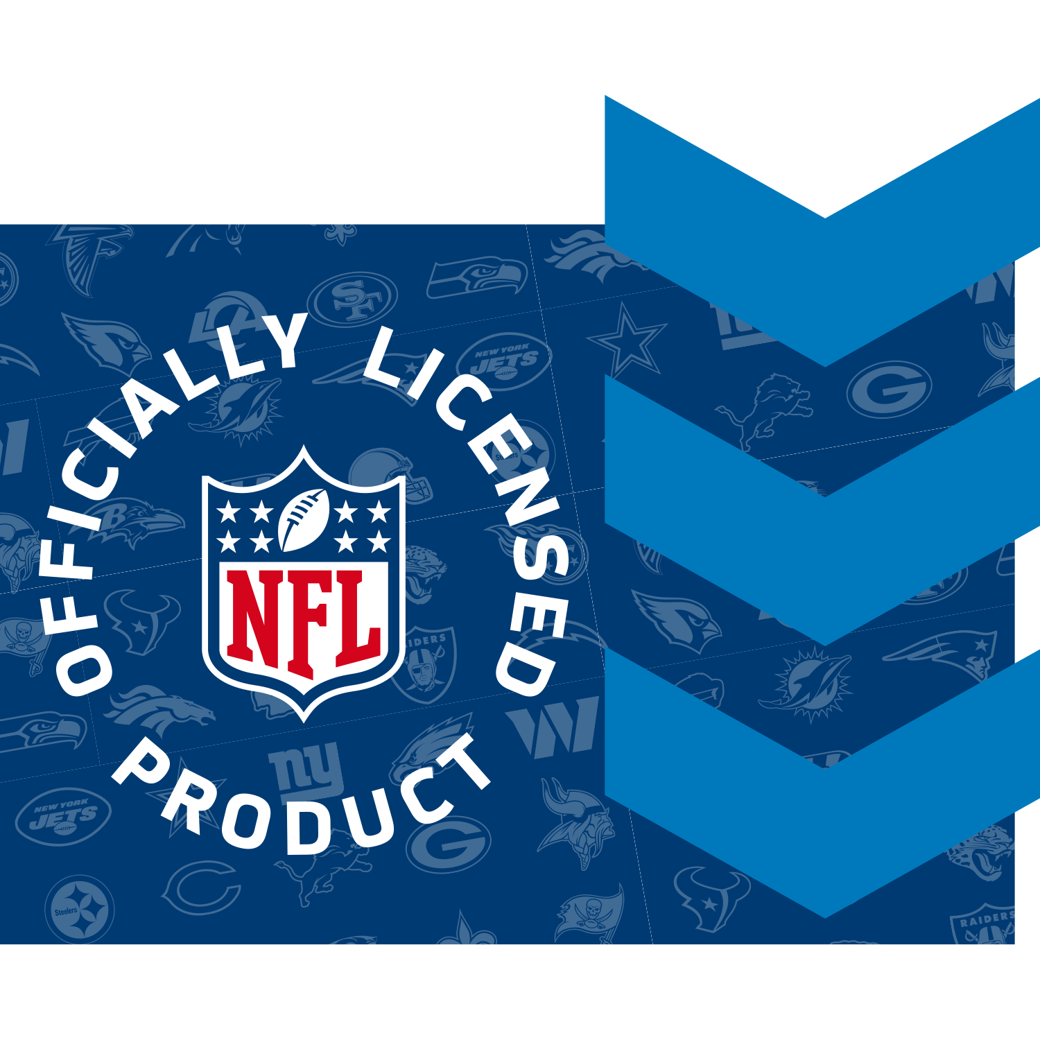 Blauer Hintergrund mit NFL Logo und Teamemblemen mit dem Text "Officially Licensed Product" als Gütesiegel.