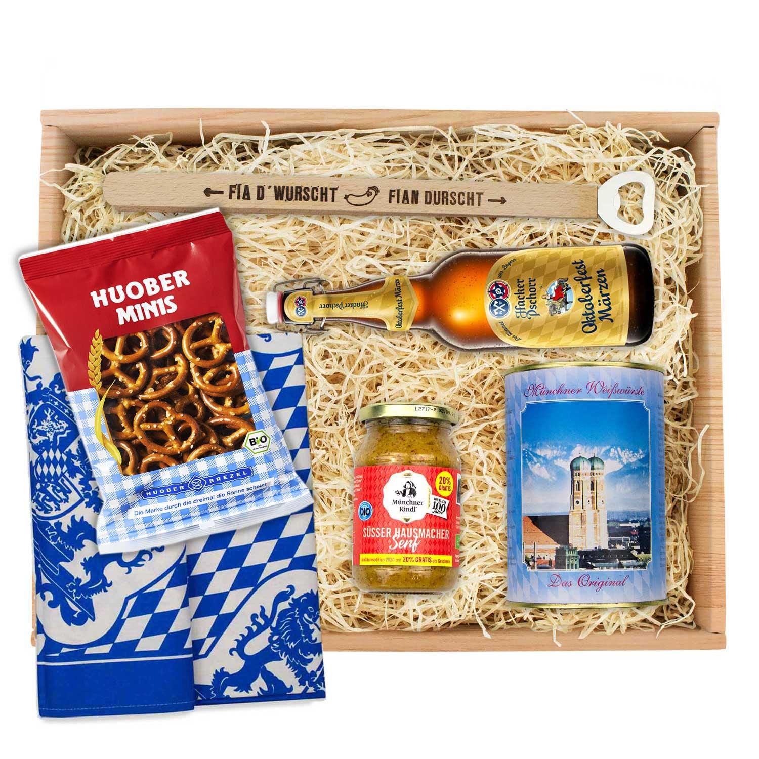 Oktoberfest-Box "Weißwurstfrühstück" mit Senf, Brezeln, Weißwürsten, Bier und bayerischem Geschirrtuch in Holzkiste.