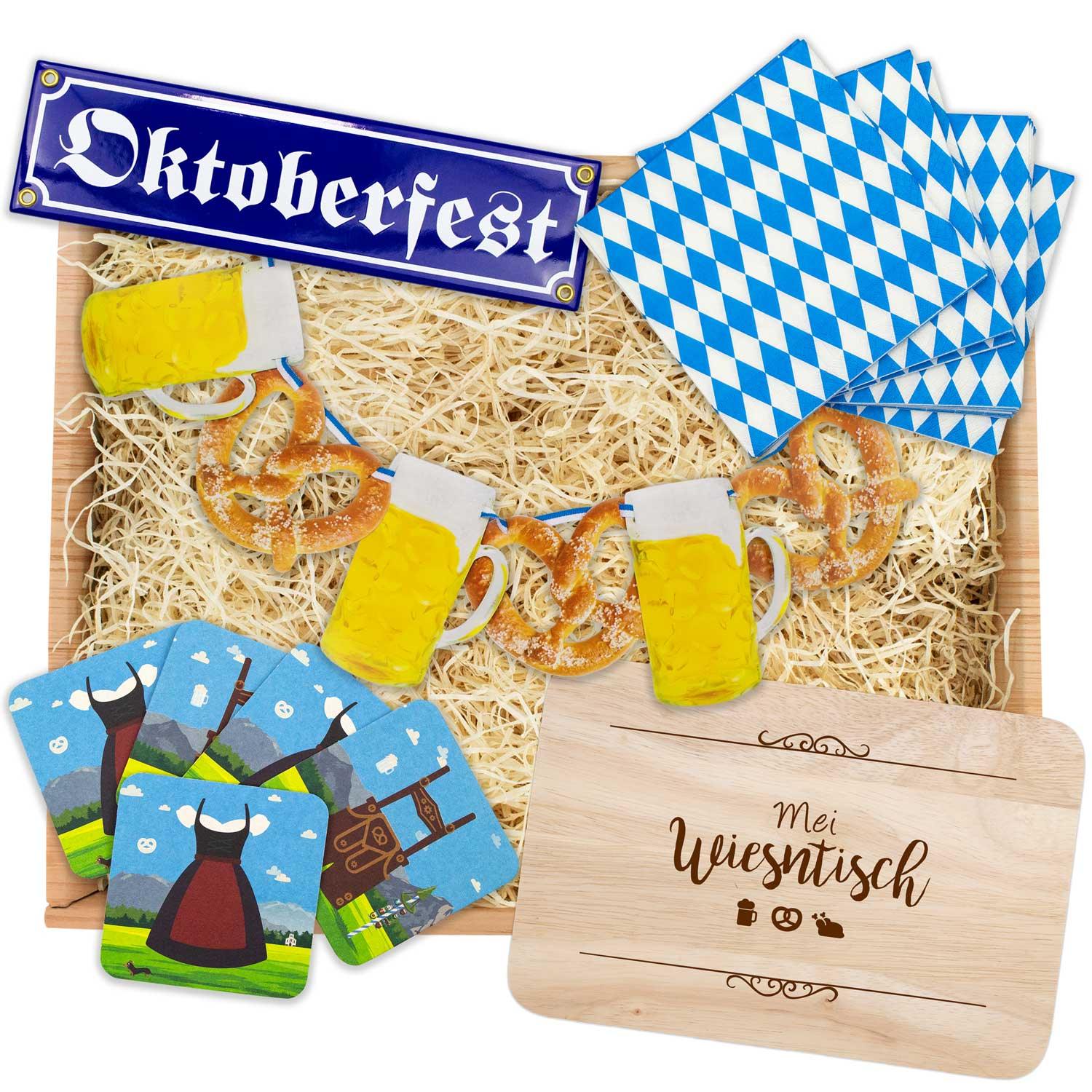 Oktoberfest-Box Wiesn-Deko mit Schild, Servietten, Untersetzern, Girlande und Servierbrett für bayerische Feierlichkeiten.