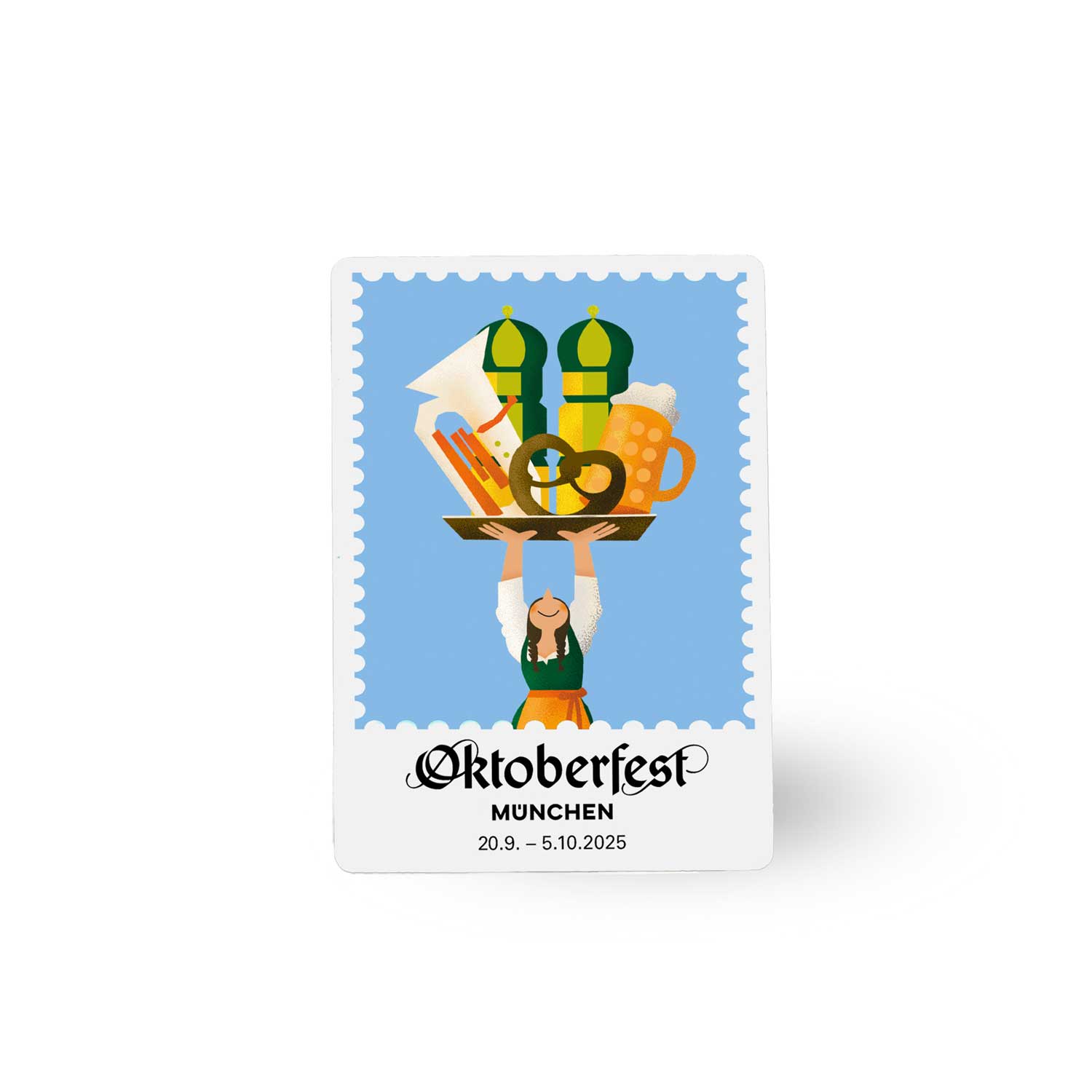 Offizieller Pin Oktoberfest 2025 mit Motiv einer Kellnerin, die Tablett mit Brezel, Bierkrug und Würsten trägt.