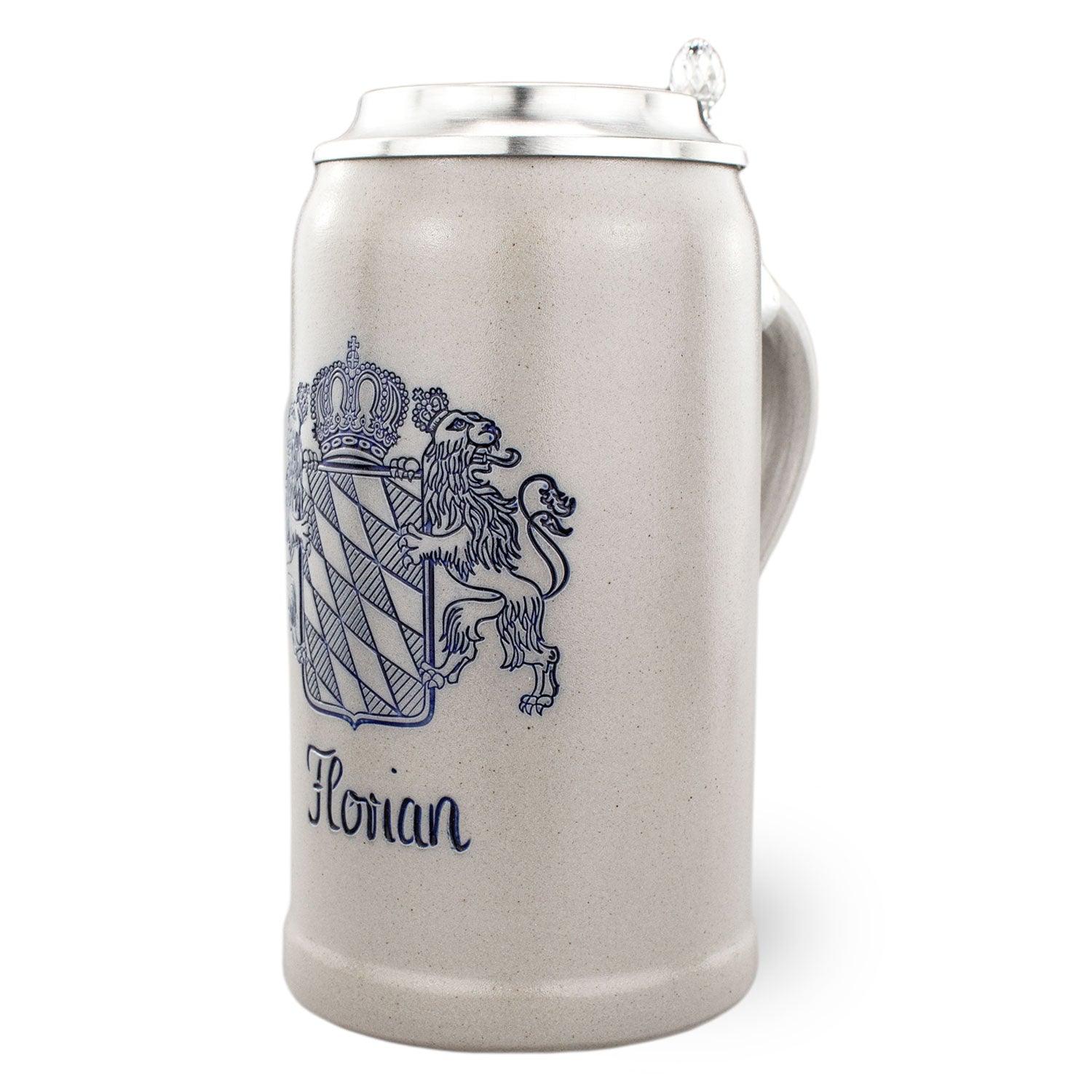 Grauer salzglasierten Bierkrug mit blauem bayerischem Wappen, Löwe und Schriftzug "Florian", Zinndeckel.