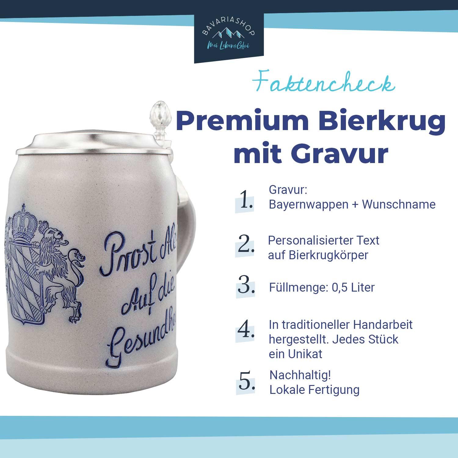Grauer Keramik-Bierkrug 0,5 Liter mit Zinndeckel, graviertem Bayernwappen und Spruch Prost.
