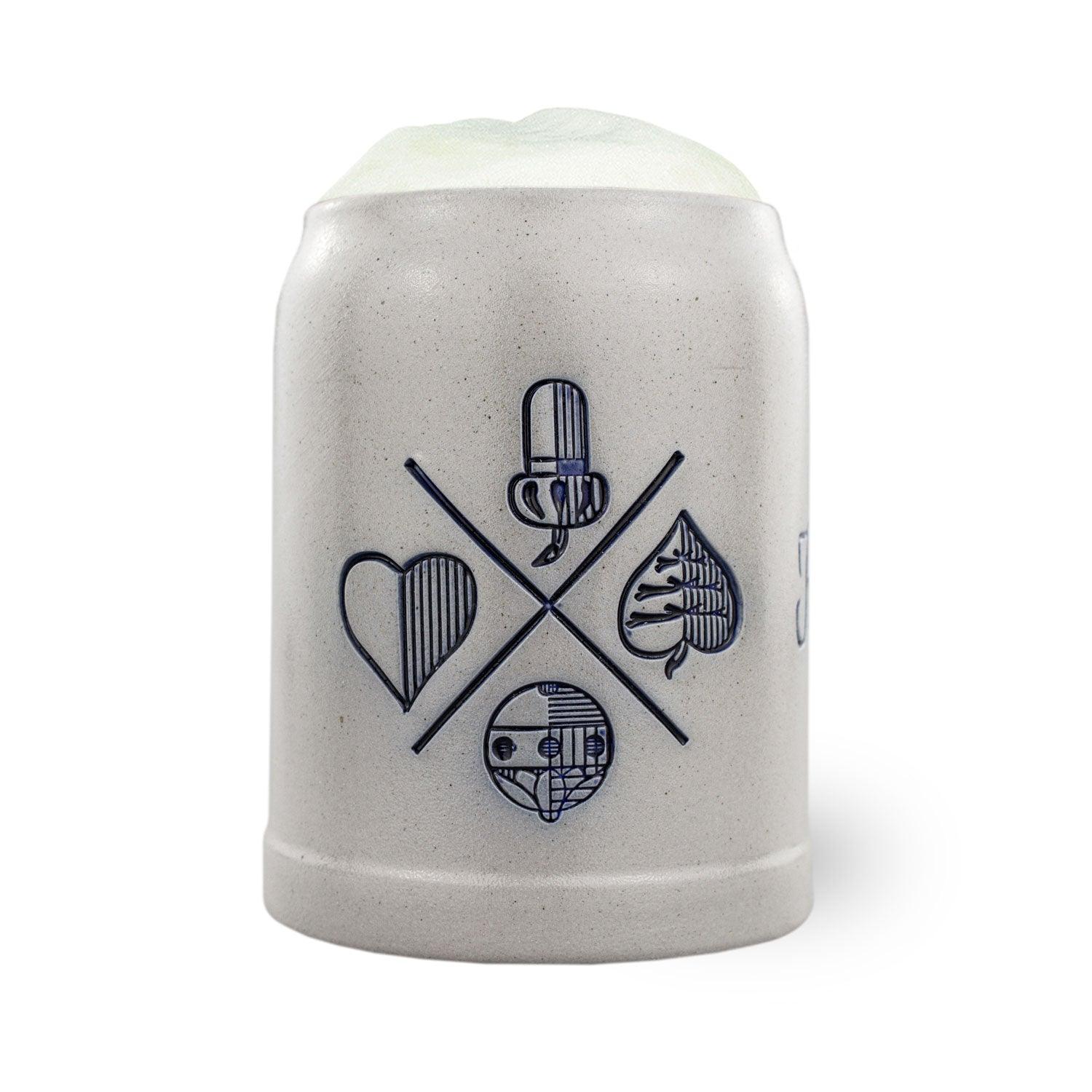 PREMIUM Bierkrug Bayrisch Blatt aus Keramik mit blauem Dekor und Schaumkrone, bayerisches Design