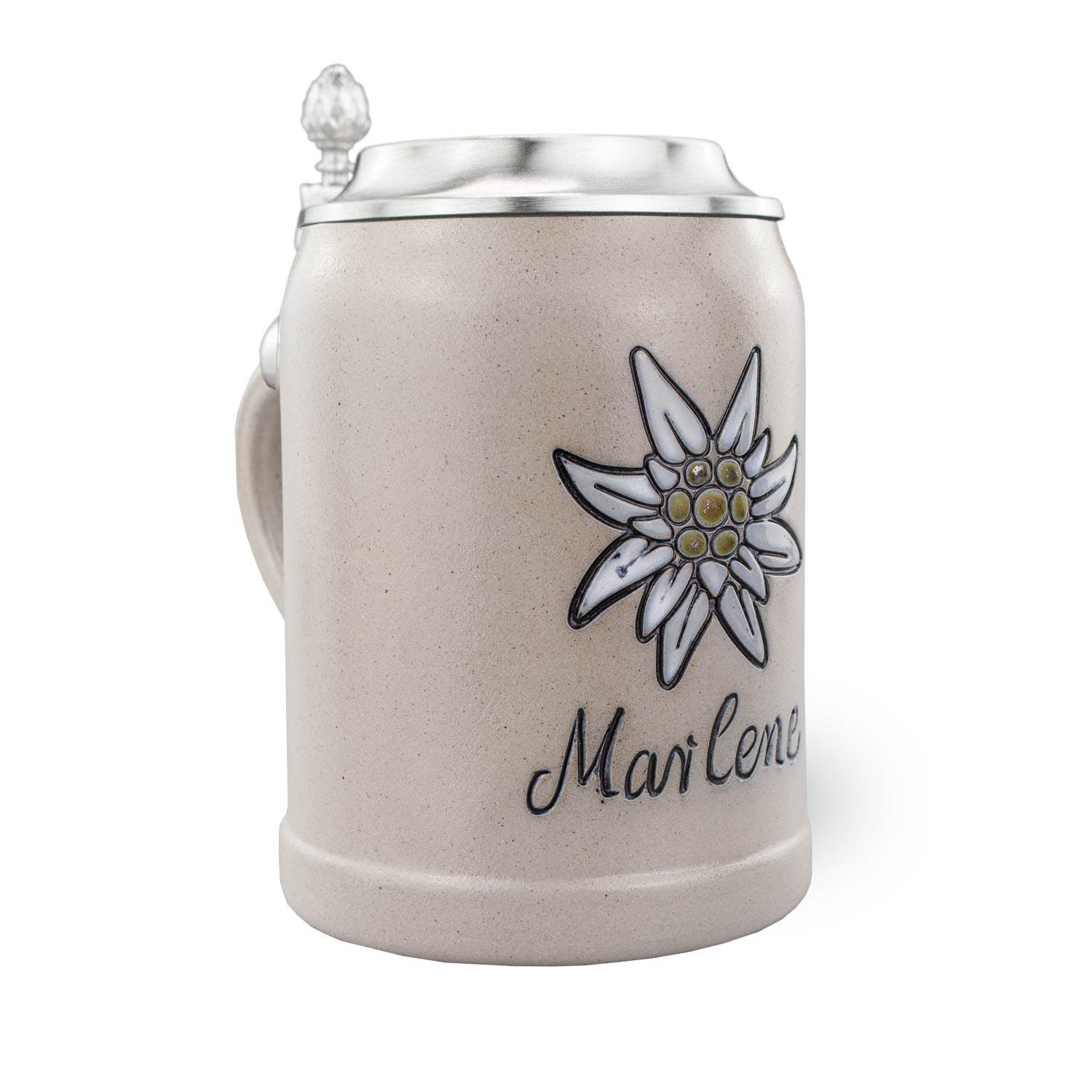 PREMIUM Bierkrug Edelweiß, hellbraun mit Zinndeckel und Reliefdekor einer Edelweißblume, Schriftzug Marlene.
