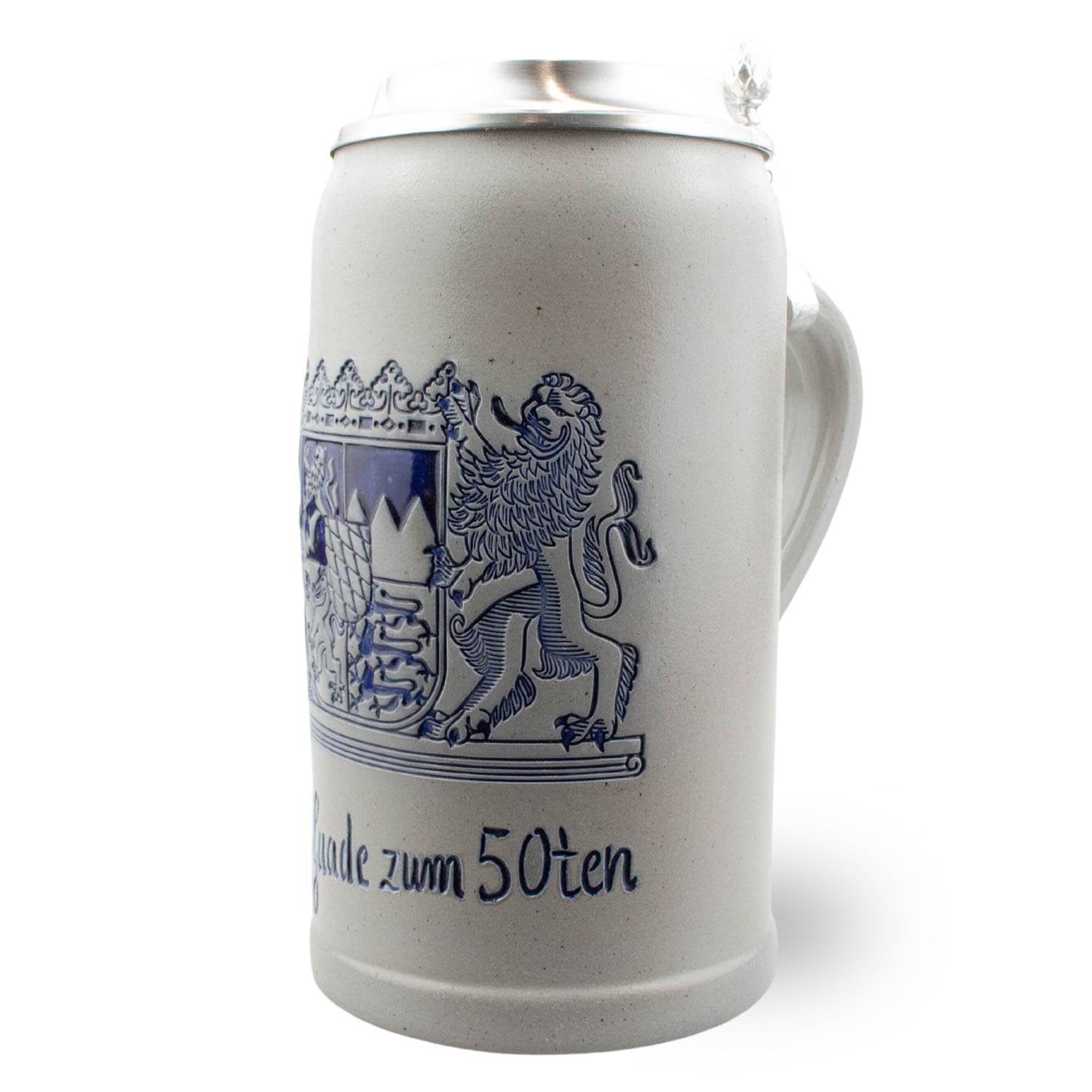 PREMIUM Bierkrug Freistaat Bayern mit detailliertem Wappen, Zinndeckel und Gravur "Gnade zum 50ten".
