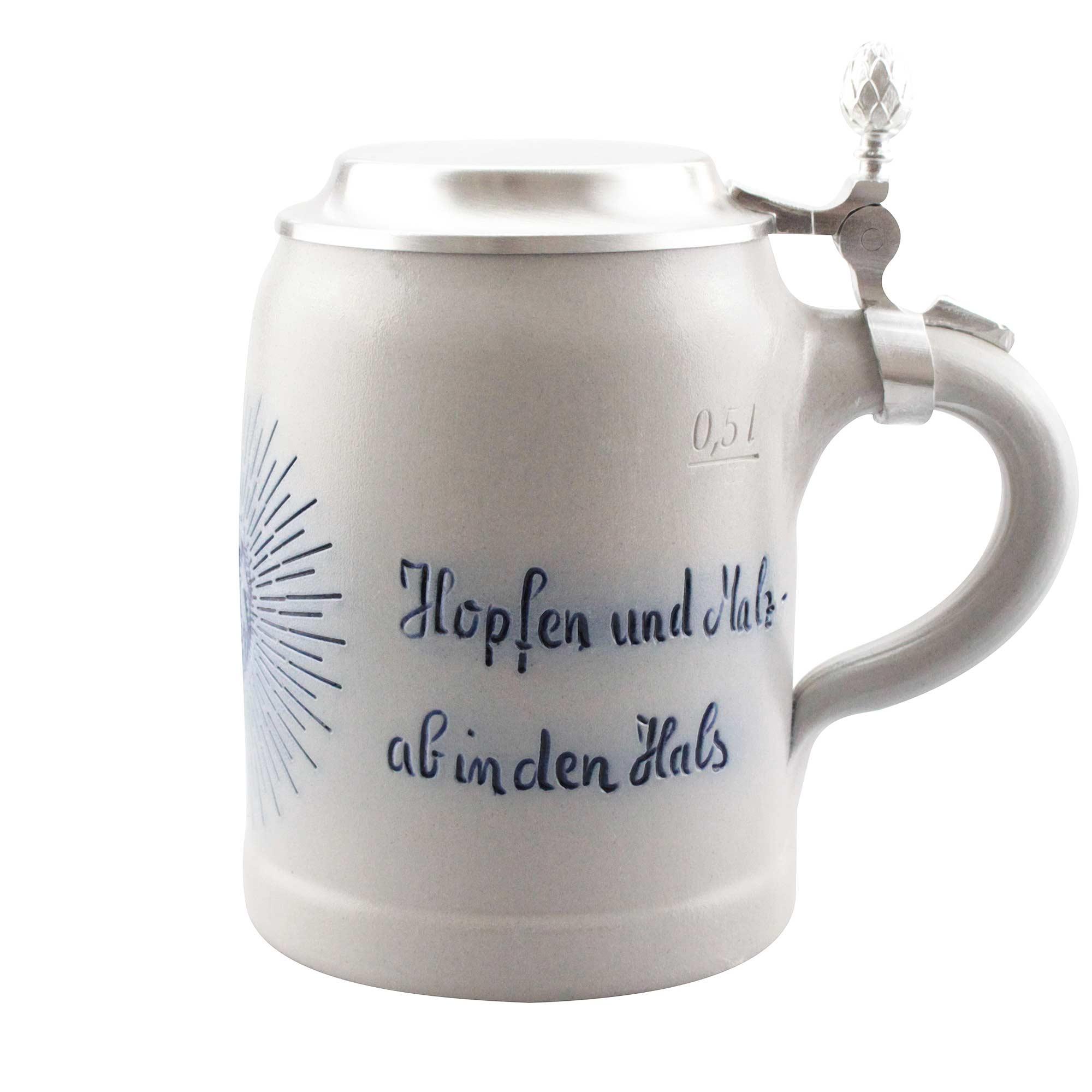 Keramischer Bierkrug 0,5 Liter mit Zinndeckel und blauer Aufschrift Hopfen und Malz