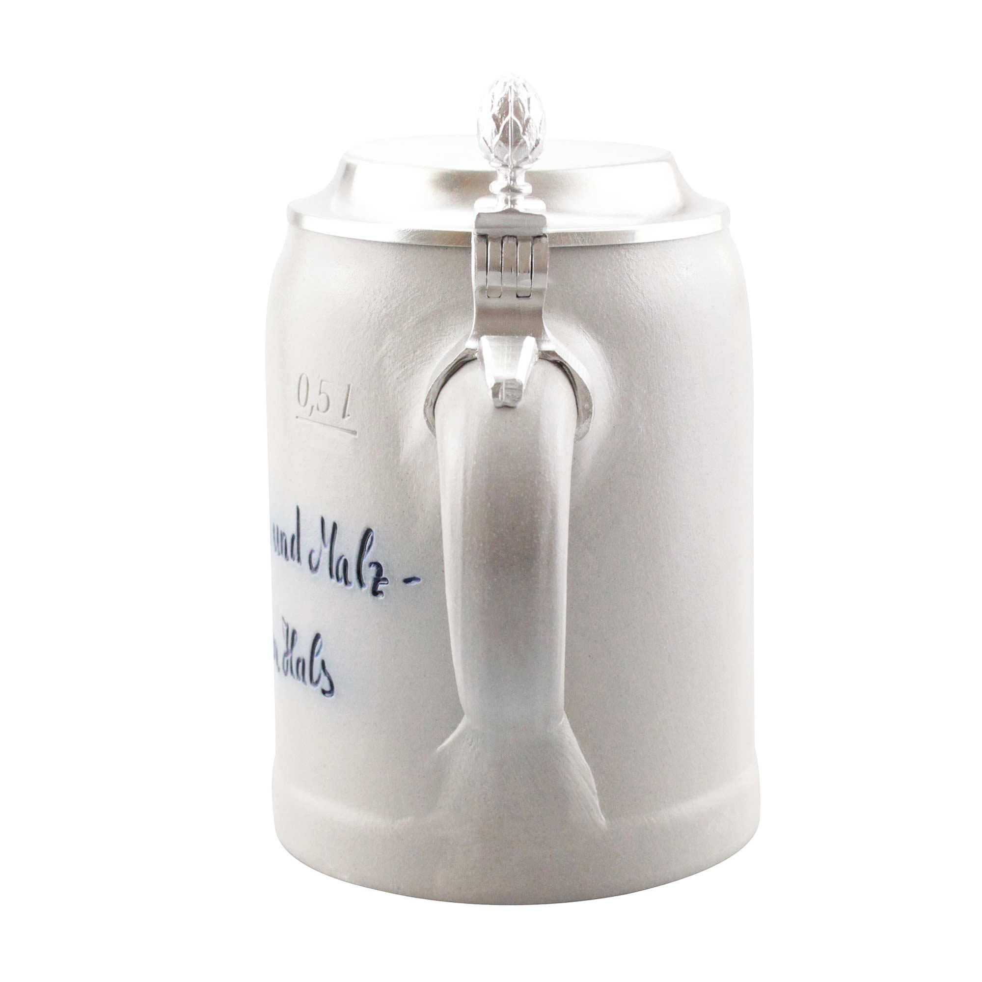 Keramik-Bierkrug mit Zinndeckel und Henkel, Inschrift 'Hopfen und Malz' und Füllstandsanzeige 0,5 Liter.