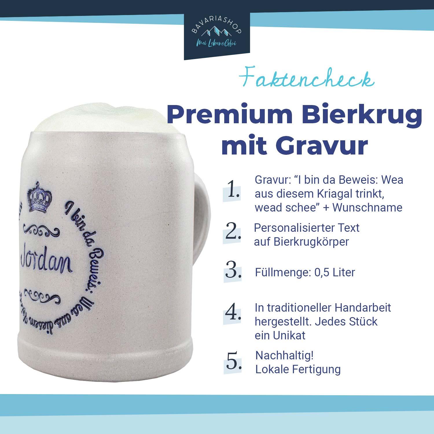 Premium Bierkrug 0,5 Liter mit individueller Gravur und personalisiertem Text Jordan, traditionell handgefertigt