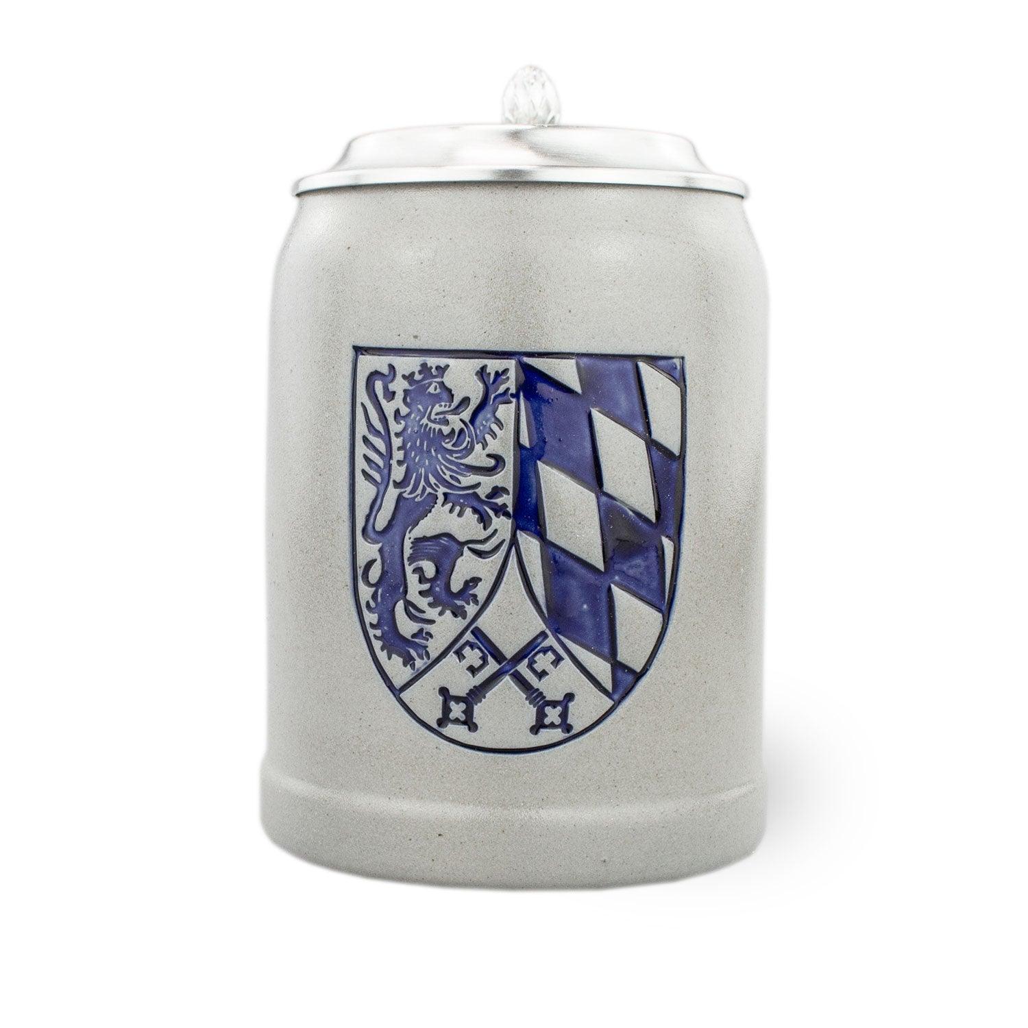 PREMIUM Bierkrug Oberpfalz, graues Steingut mit blauem Oberpfalz-Wappen und Zinndeckel, traditionell.