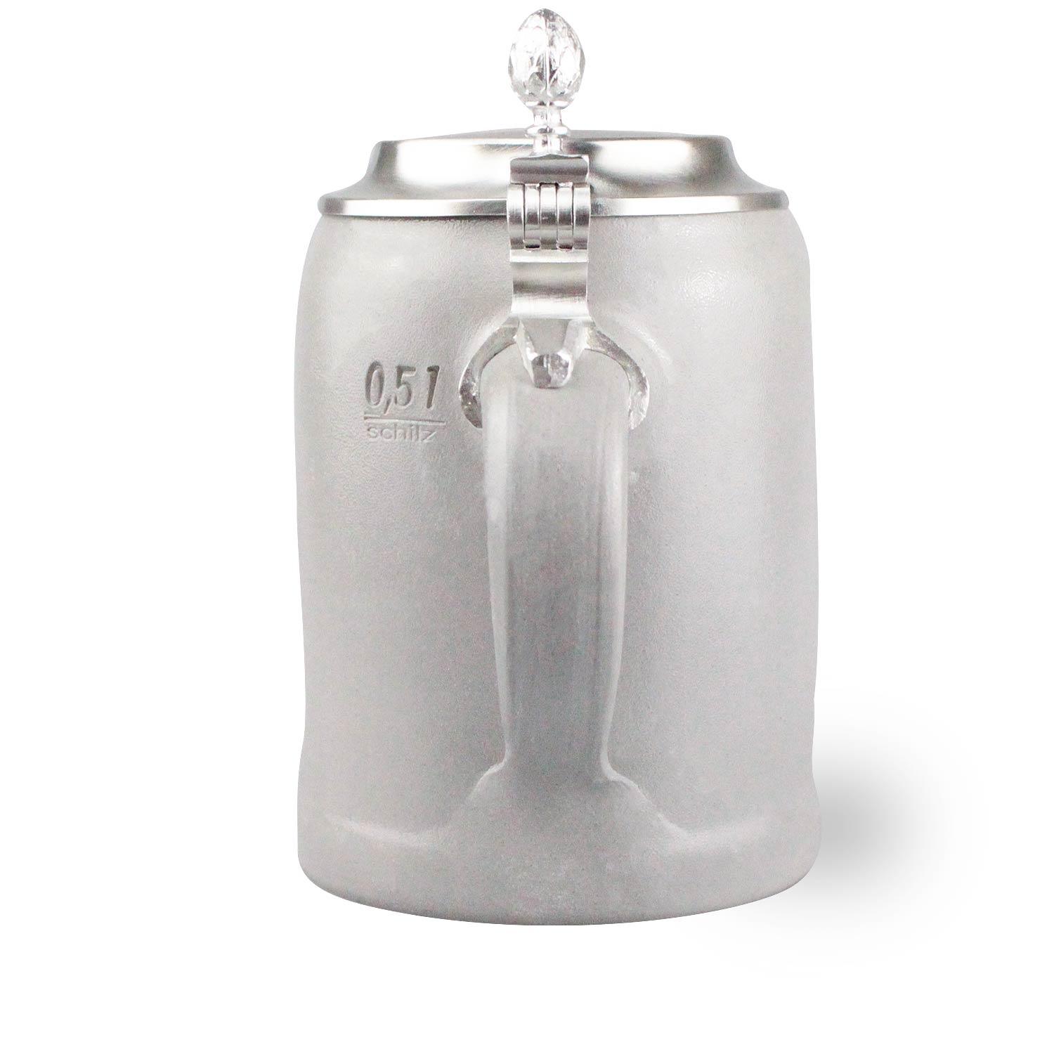 Rauer grauer PREMIUM Bierkrug Schwaben mit 0,5 Liter Markierung und Zinndeckel, von hinten gesehen.